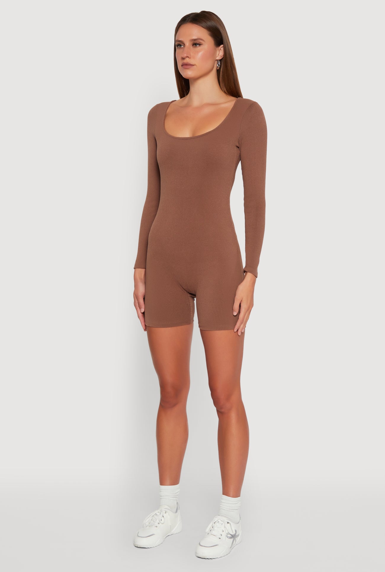 Brushed Rib Knit Long Sleeve Square Neck Catsuit