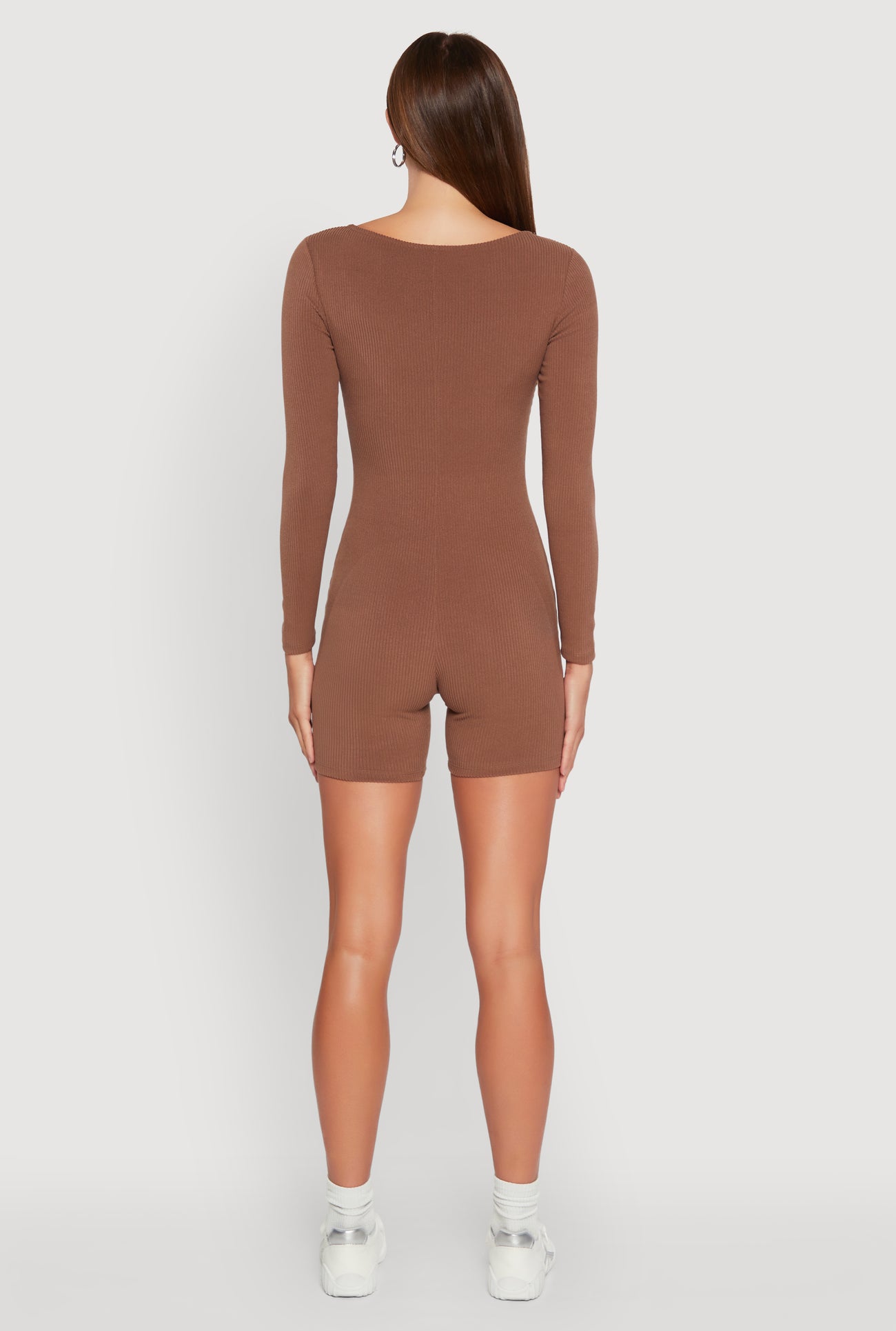 Brushed Rib Knit Long Sleeve Square Neck Catsuit