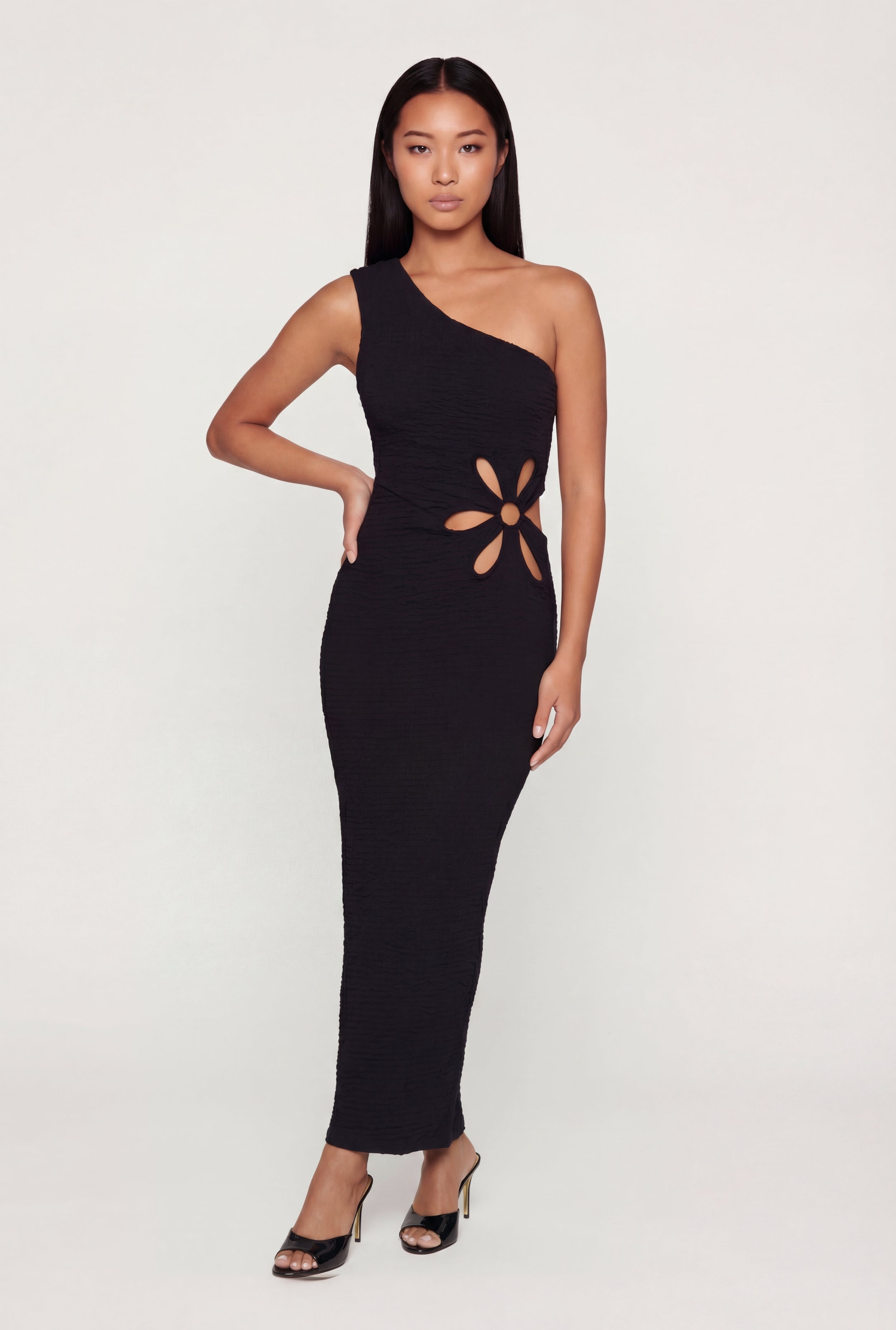 Textured Knit Flower Cutout One Shoulder Dress