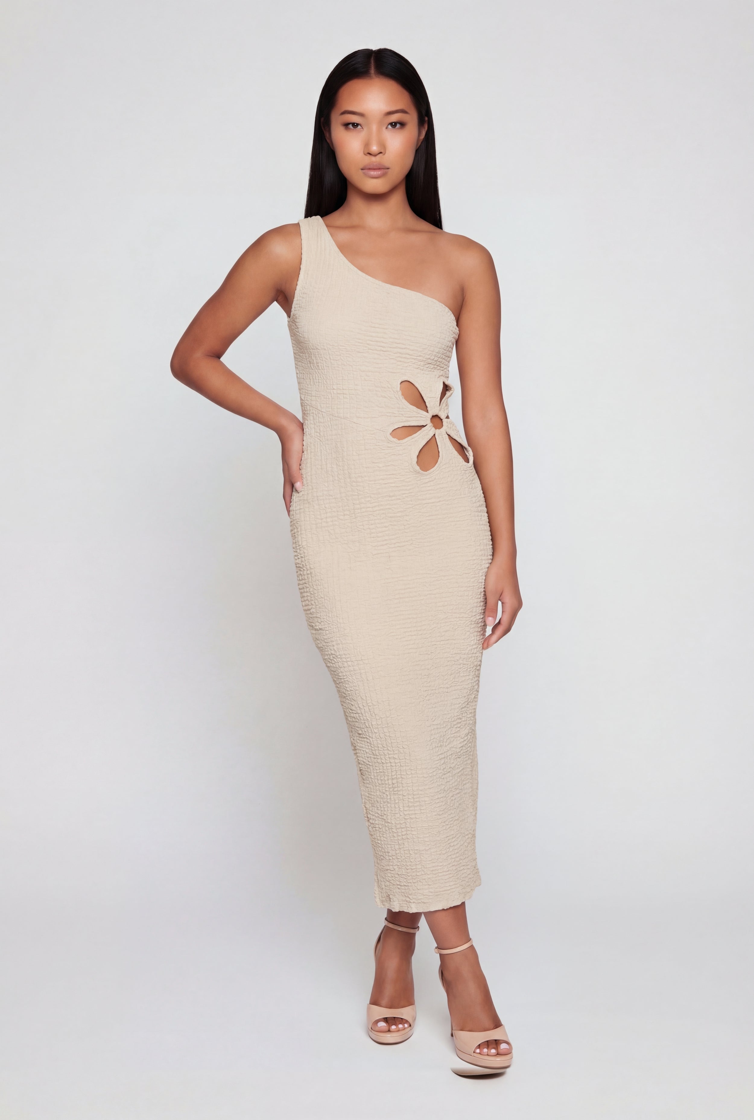 Textured Knit Flower Cutout One Shoulder Dress
