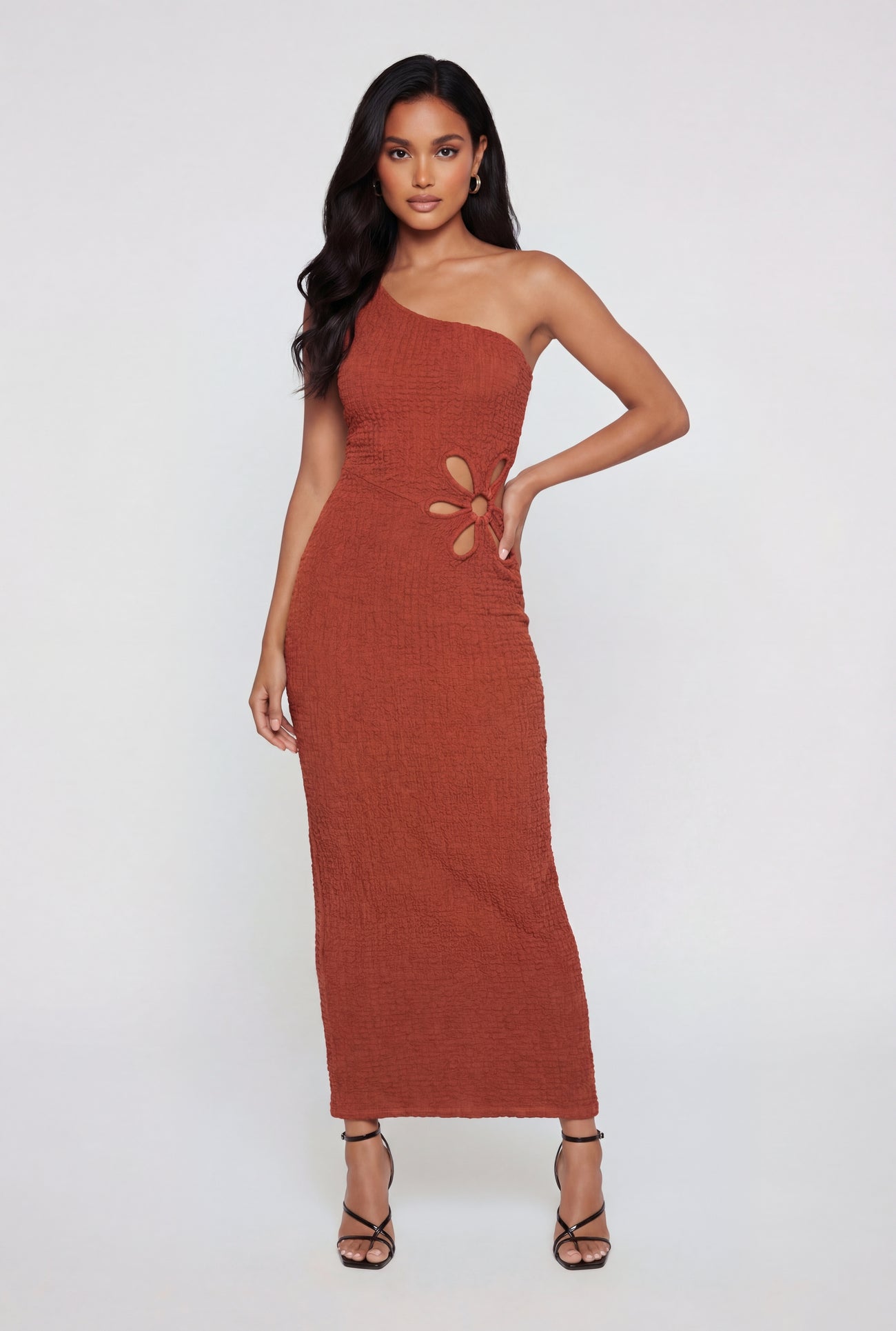 Textured Knit Flower Cutout One Shoulder Dress