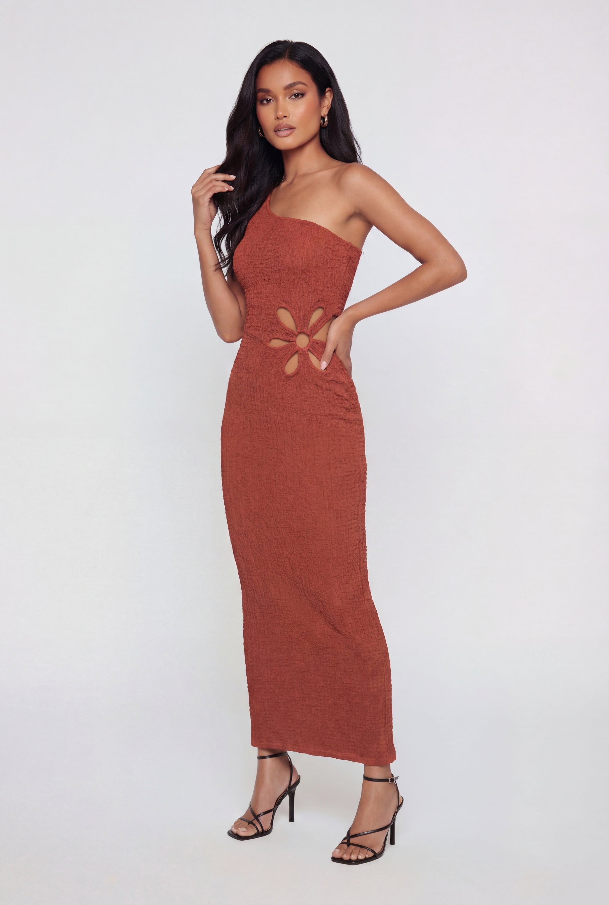 Textured Knit Flower Cutout One Shoulder Dress