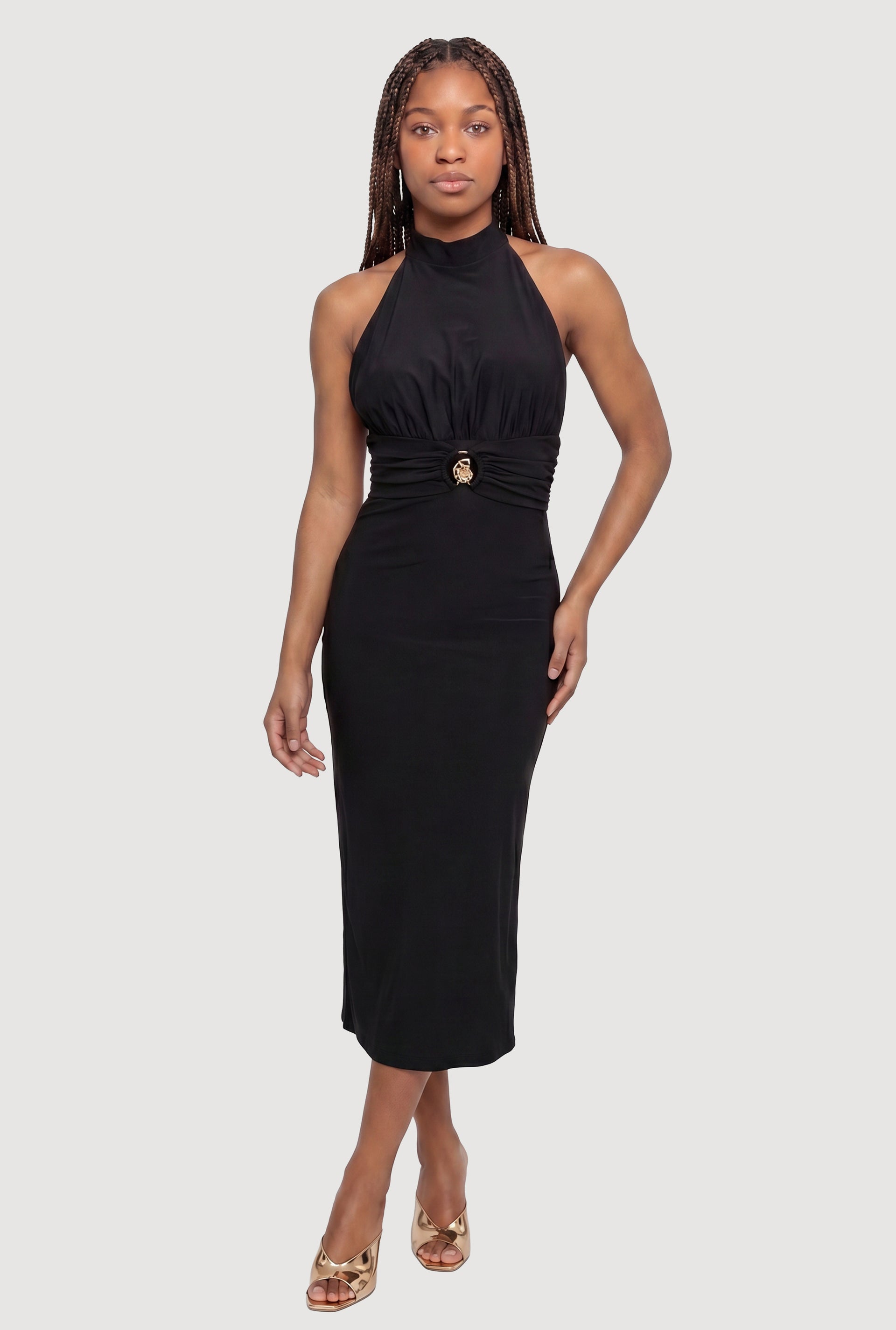 Metallic Seashell Detail Sleeveless Halter Neck Midi Dress