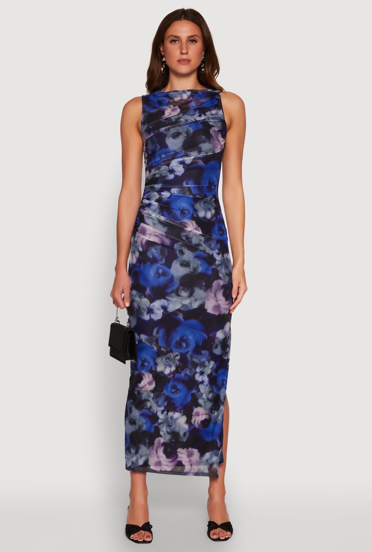 Haute Monde Side Ruched Floral Mesh Dress