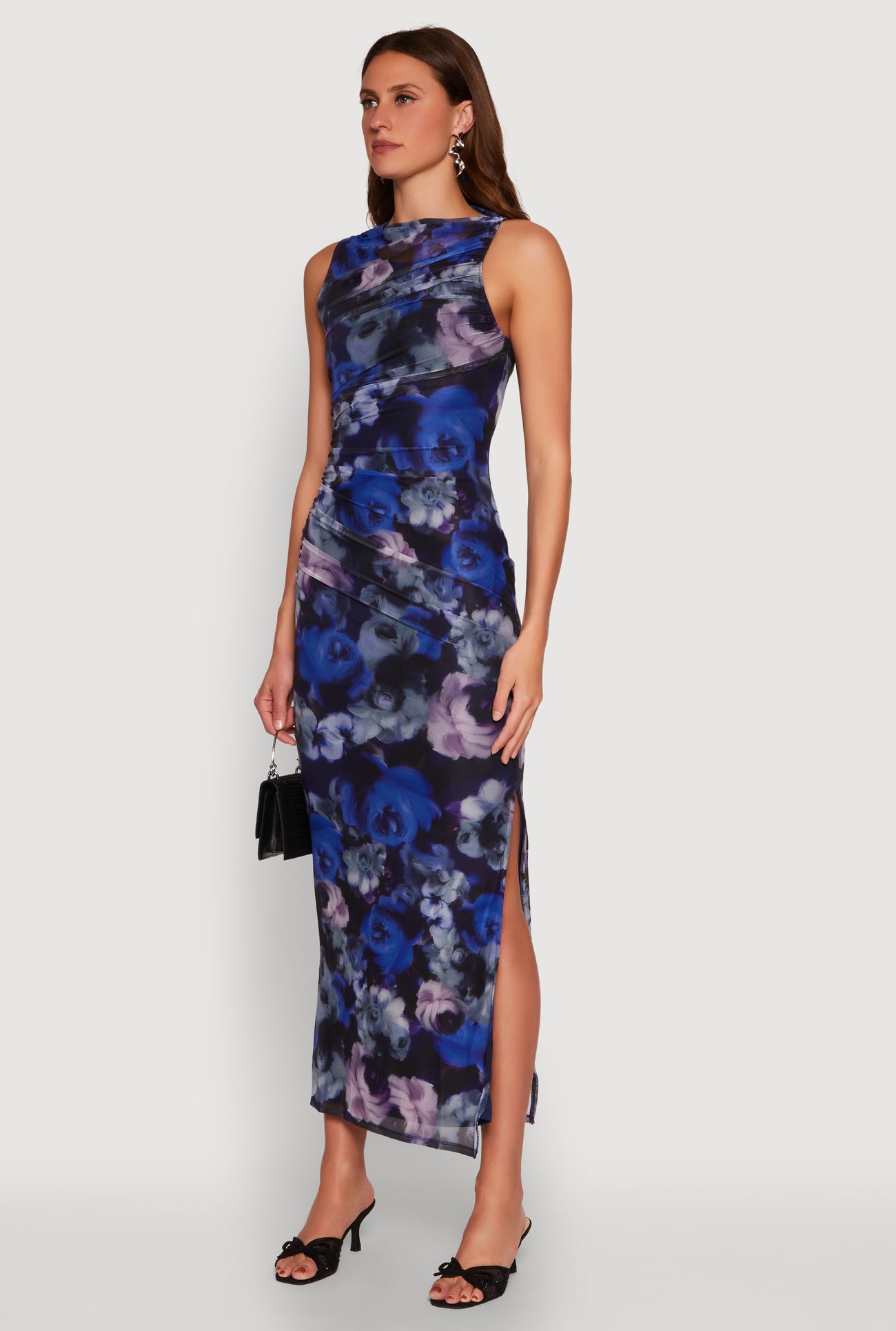 Haute Monde Side Ruched Floral Mesh Dress