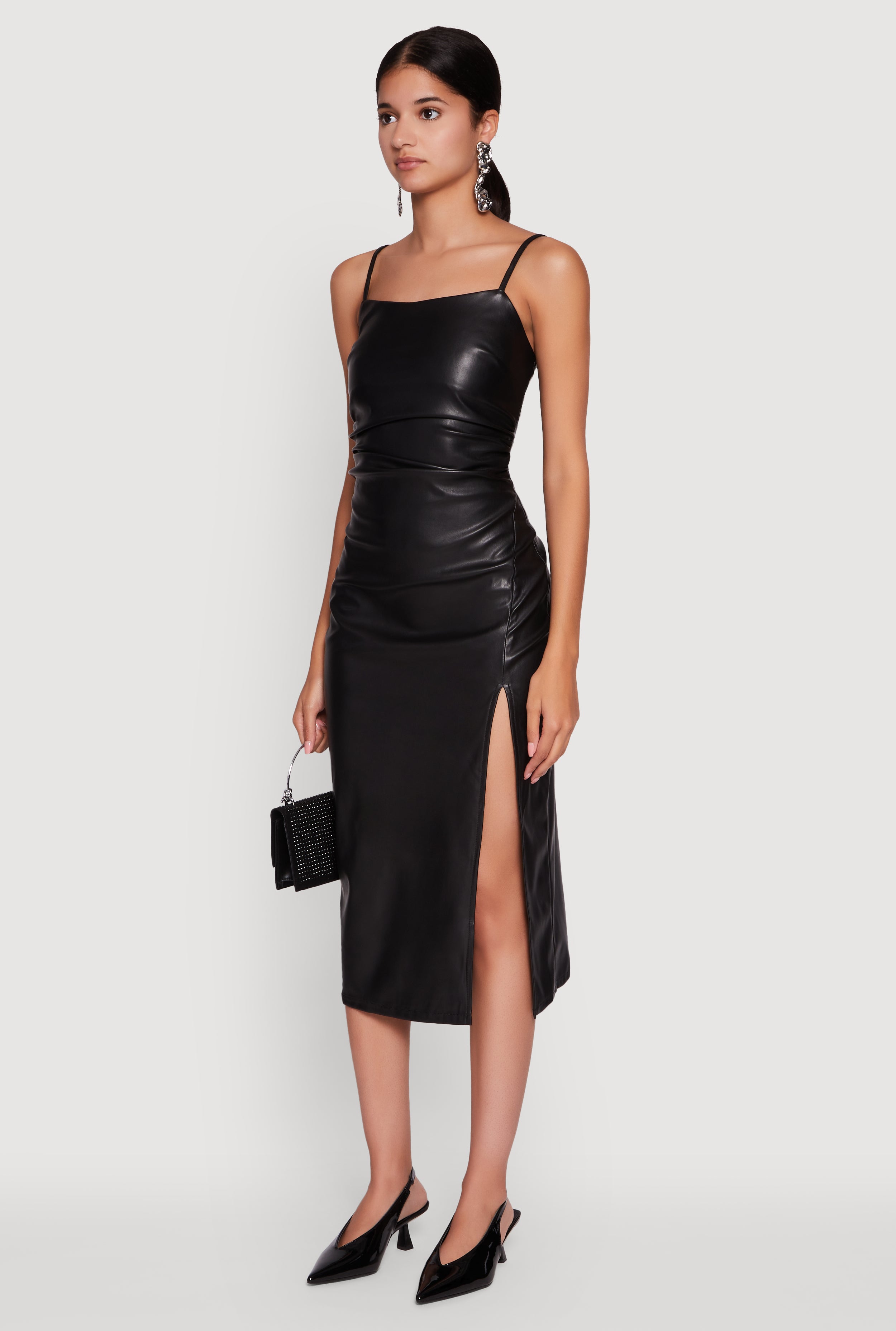 Faux Leather Square Neck Side Slit Midi Dress