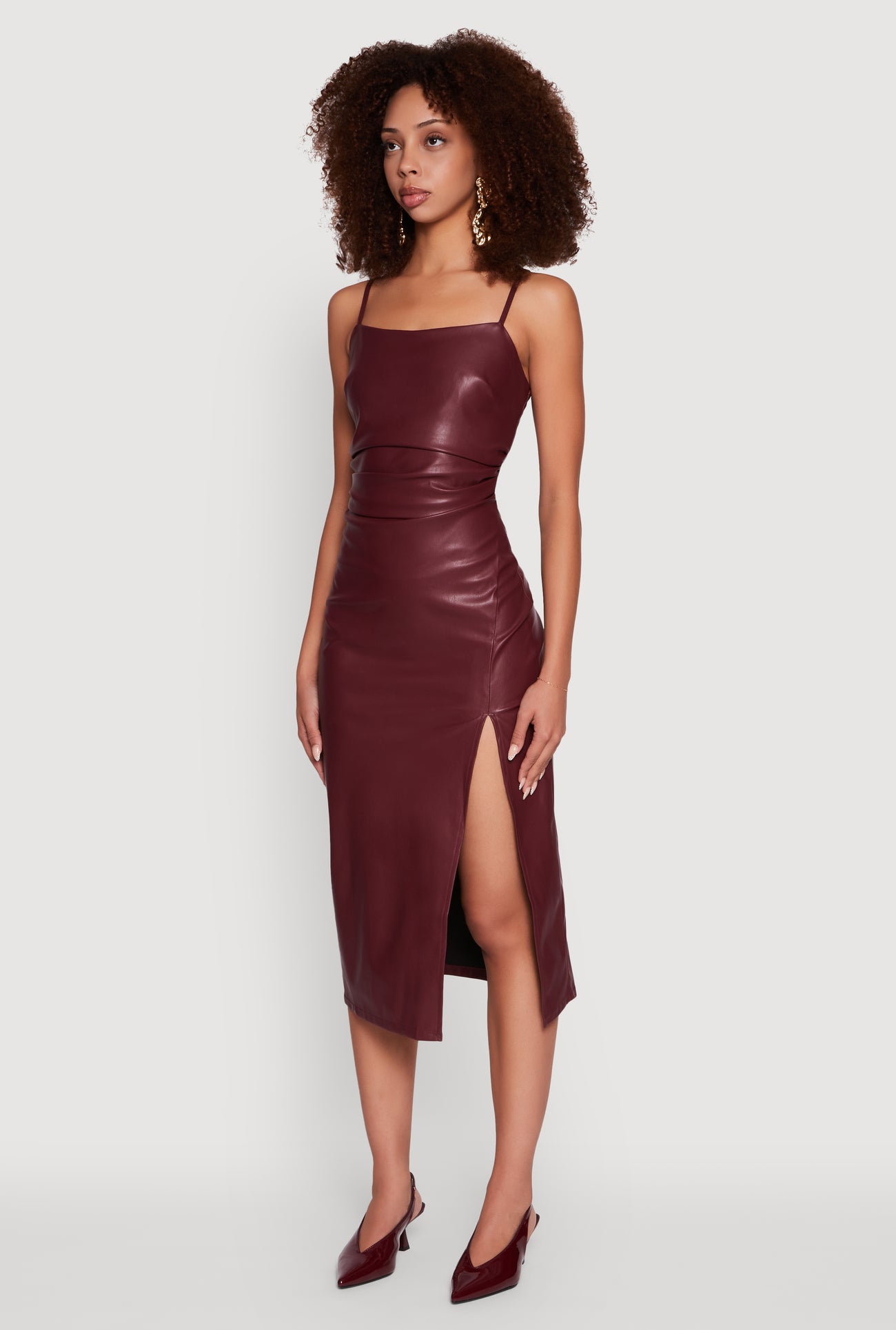 Faux Leather Square Neck Side Slit Midi Dress