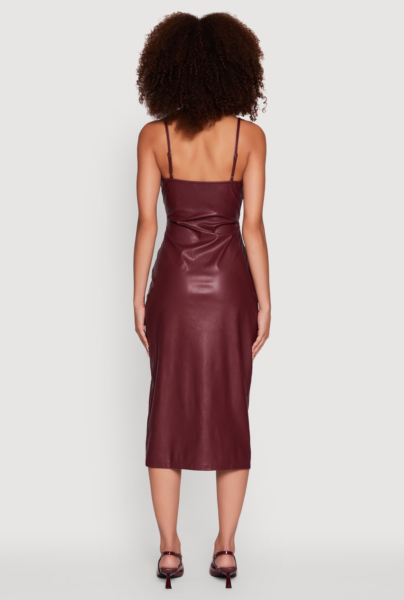 Faux Leather Square Neck Side Slit Midi Dress