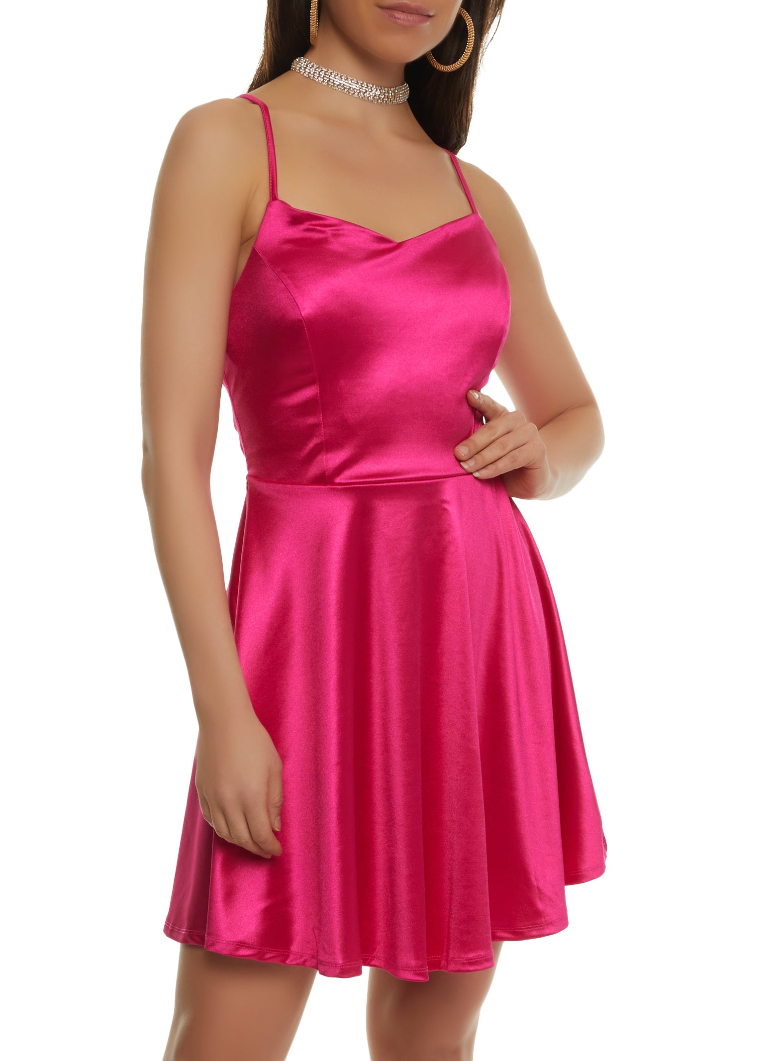 Criss Cross Back Satin A Line Mini Dress