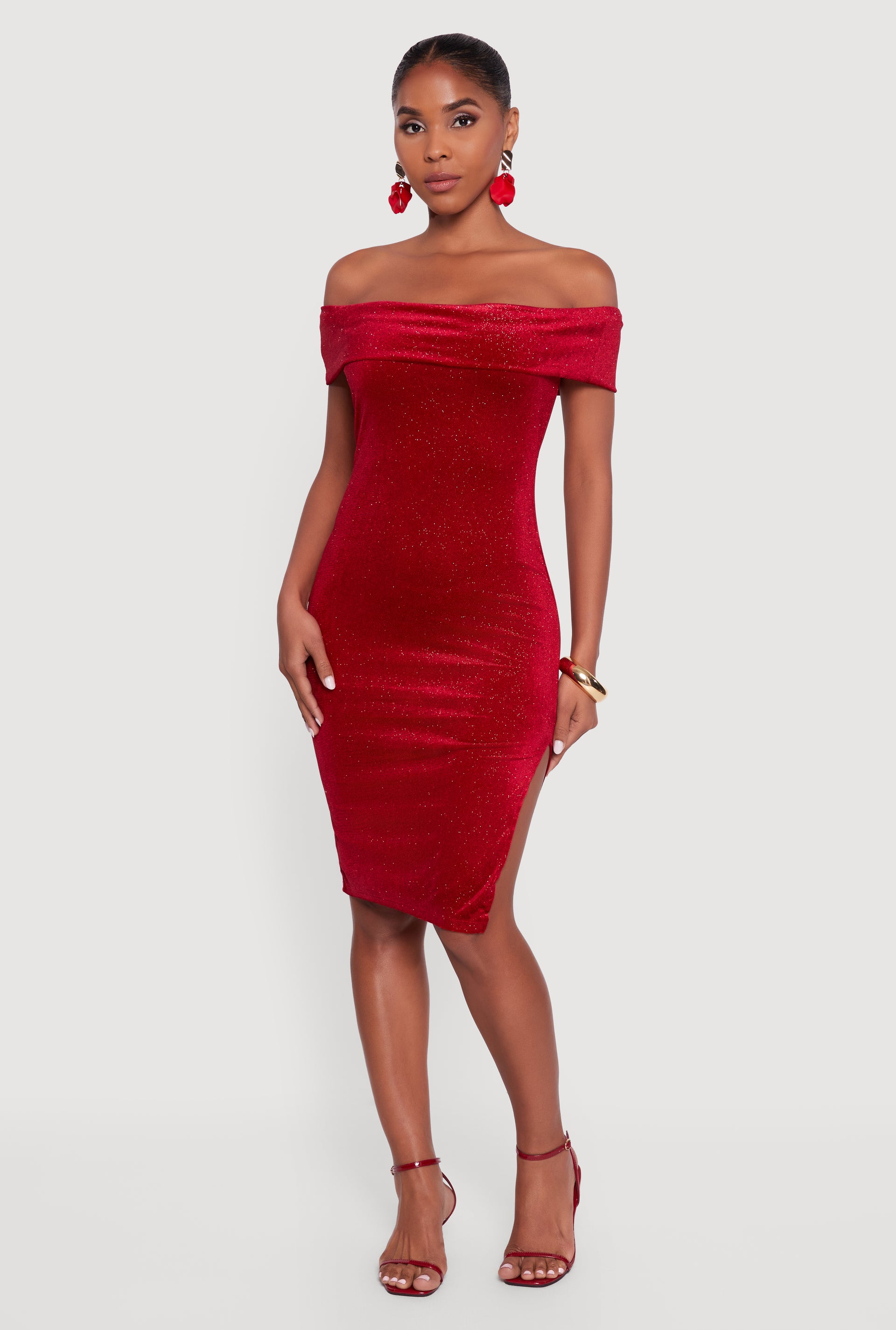knee length dresses for ladies Women's Loudly Her Off The Shoulder Glitter Lace Midi Dress in Burgundy main image 0