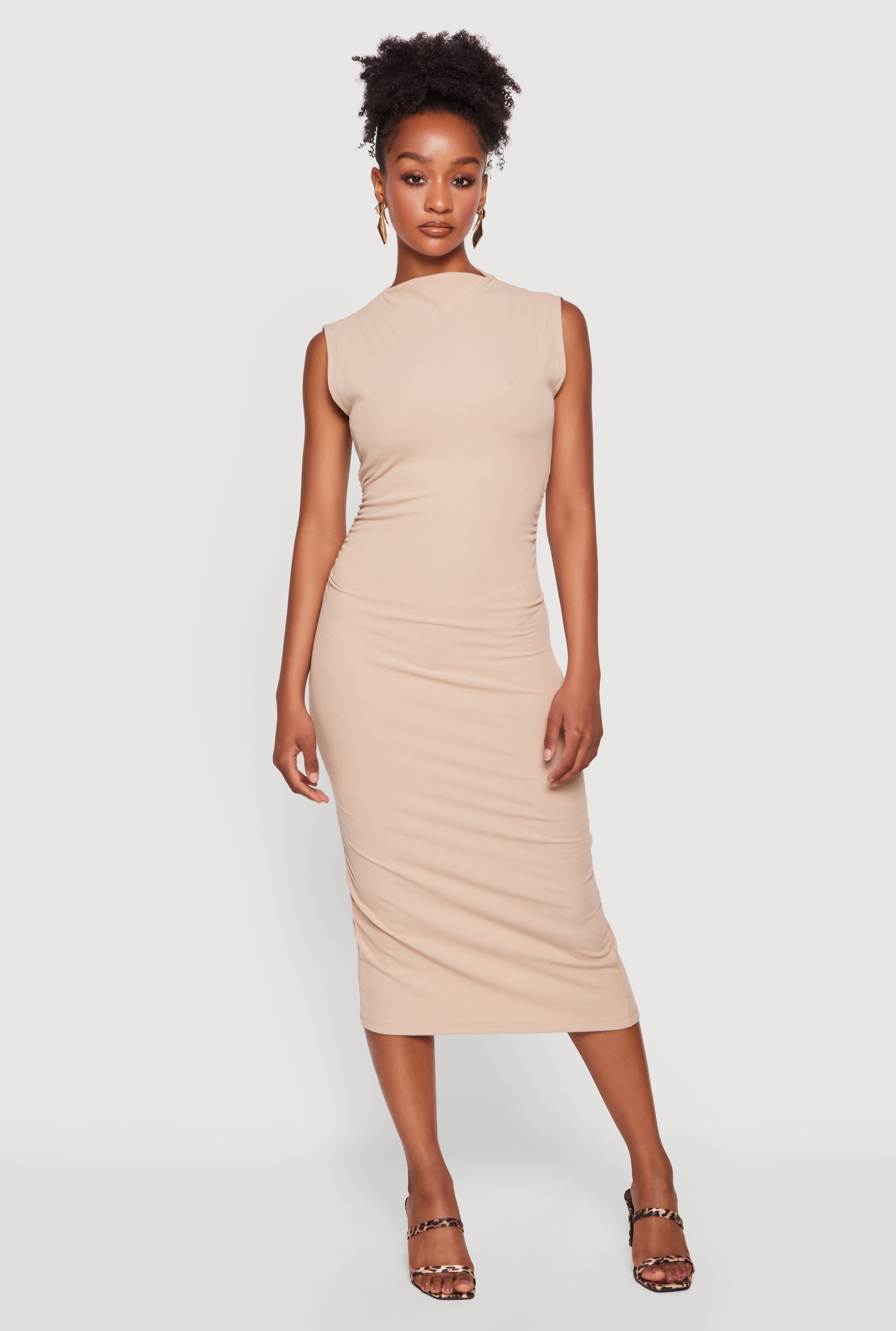 Womens Mock Neck Side Ruched Sleeveless Midi Dress, Brown, Size S