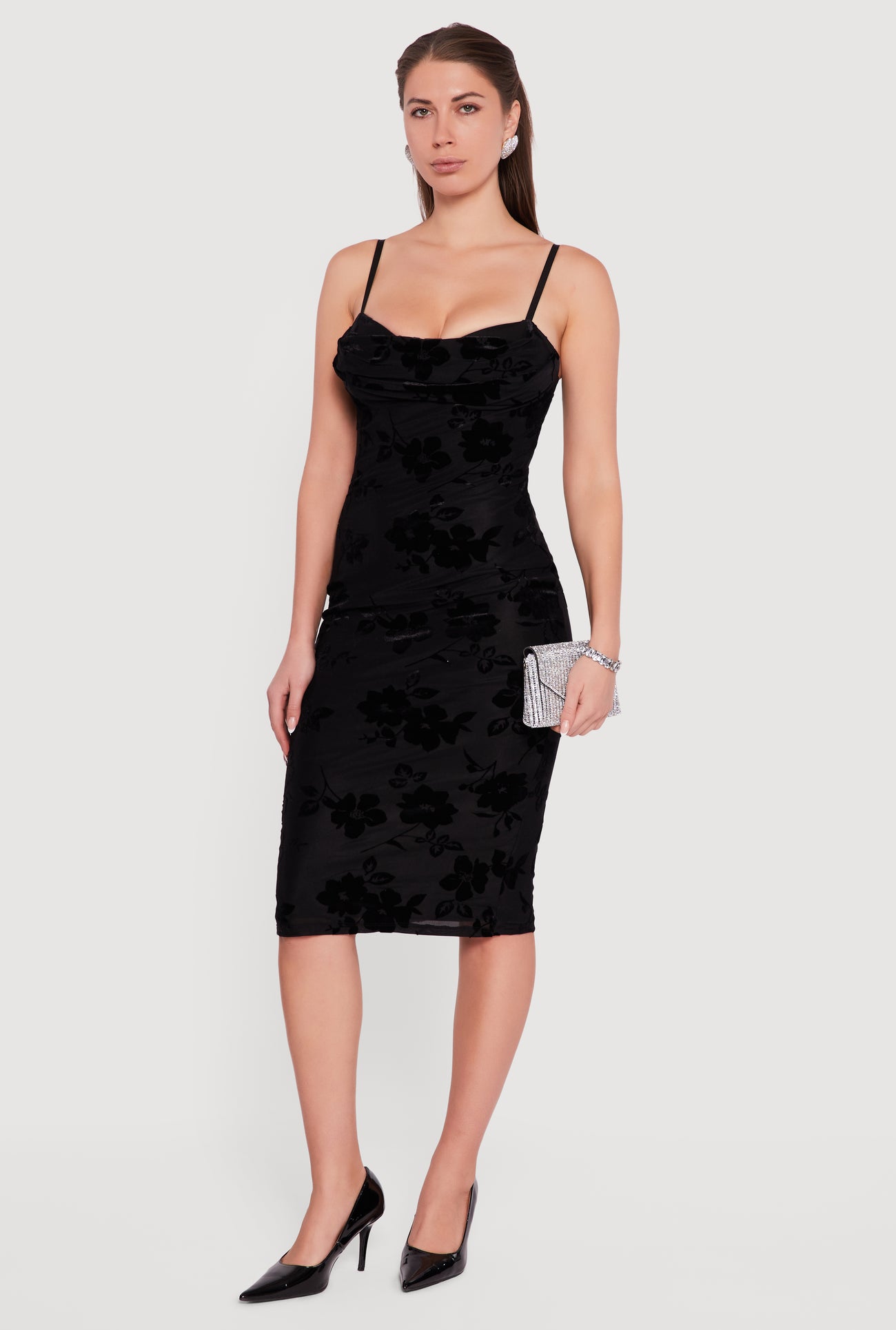 floral velvet bodycon dress Velvet Floral Mesh Spliced Ruched Bodycon Dress in Black Black XS