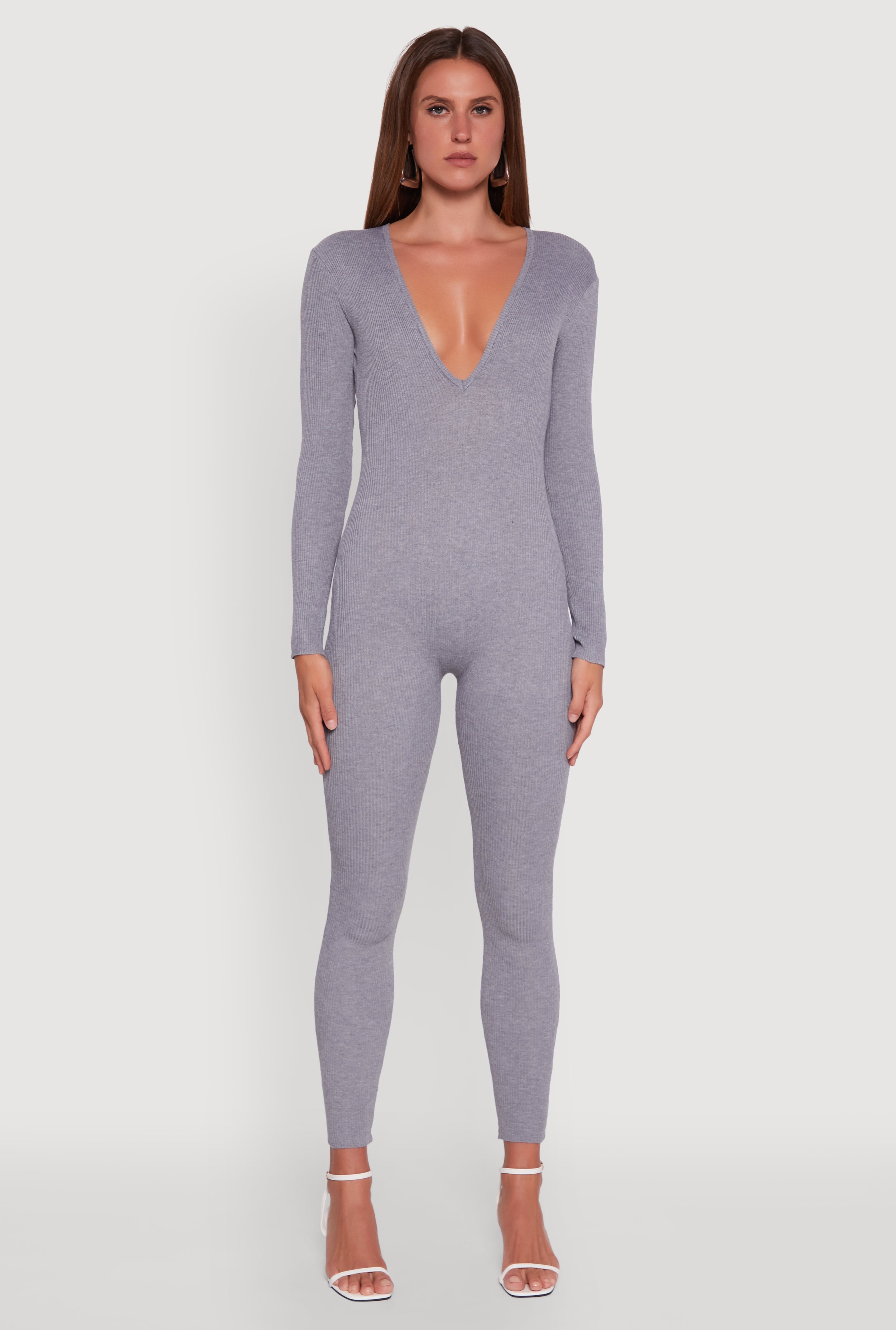 Ribbed Knit Lace-Up Back Long Sleeve Jumpsuit