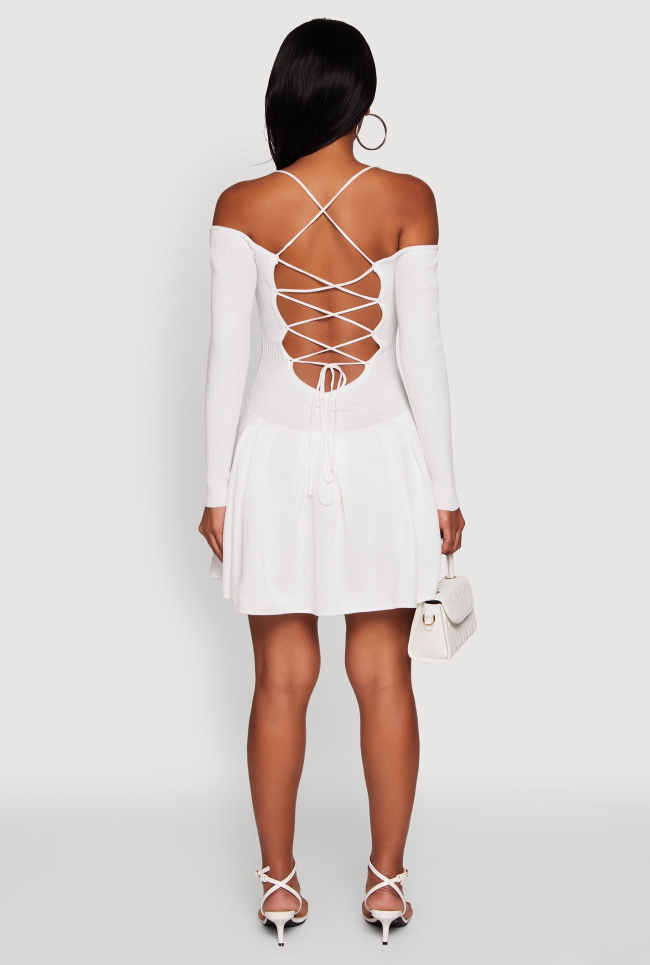 Womens Ribbed Knit Lace Up Back Pleated Skater Dress, Ivory, Size M