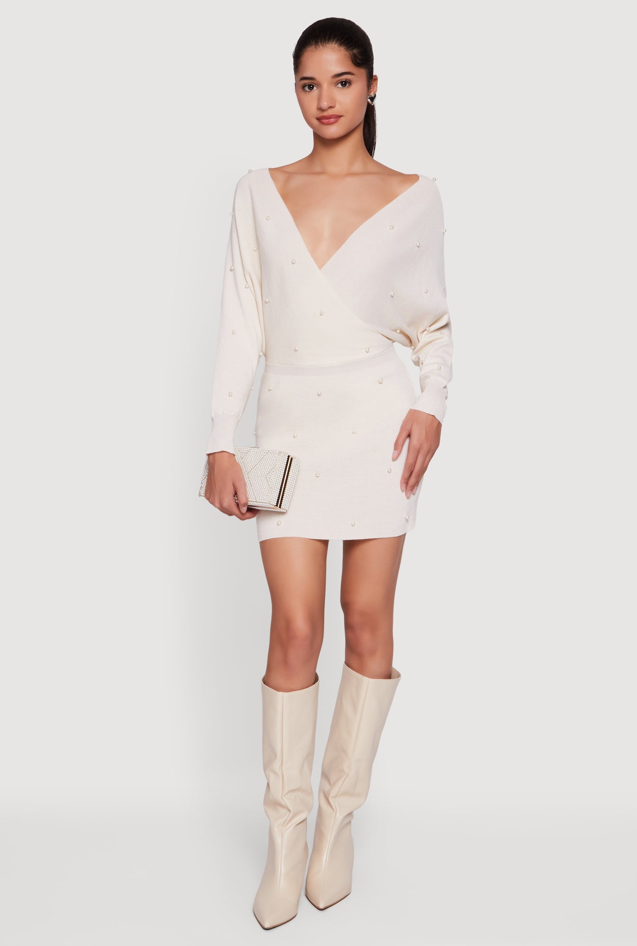 Faux Pearl Studded Faux Wrap Sweater Dress Faux Pearl Studded Faux Wrap Sweater Dress