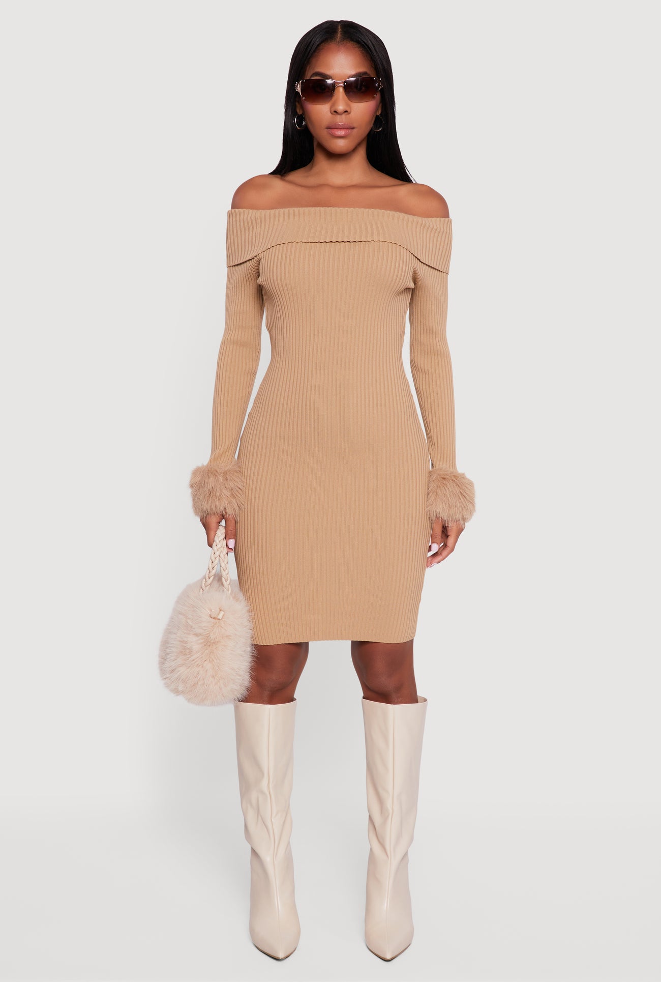 Faux Fur Cuff Fold Over Off the Shoulder Sweater Dress Faux Fur Cuff Fold Over Off the Shoulder Sweater Dress