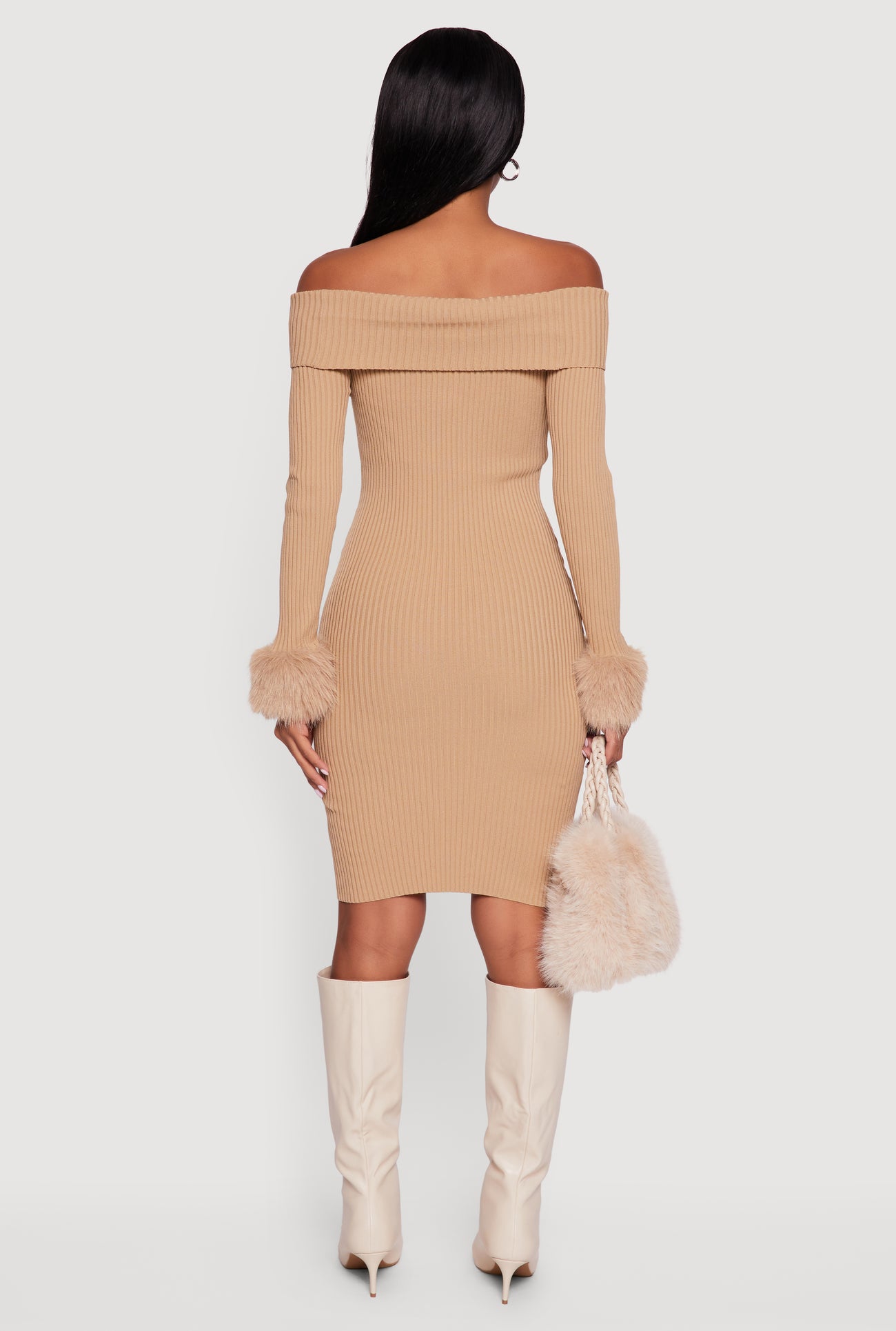 Faux Fur Cuff Fold Over Off the Shoulder Sweater Dress Faux Fur Cuff Fold Over Off the Shoulder Sweater Dress