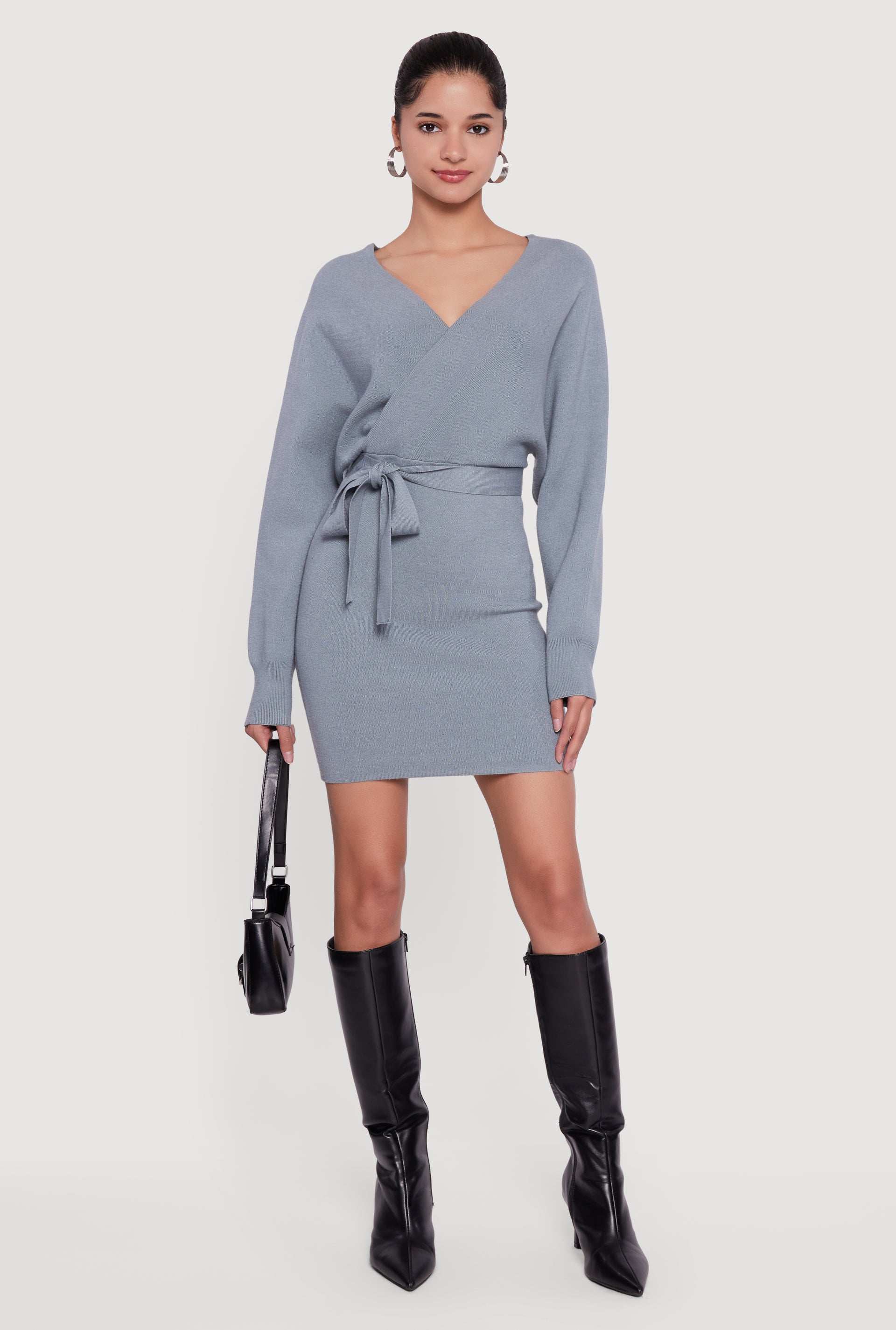 wrap sweater dress Tie Waist Belted Long Sleeve Faux Wrap Sweater Dress