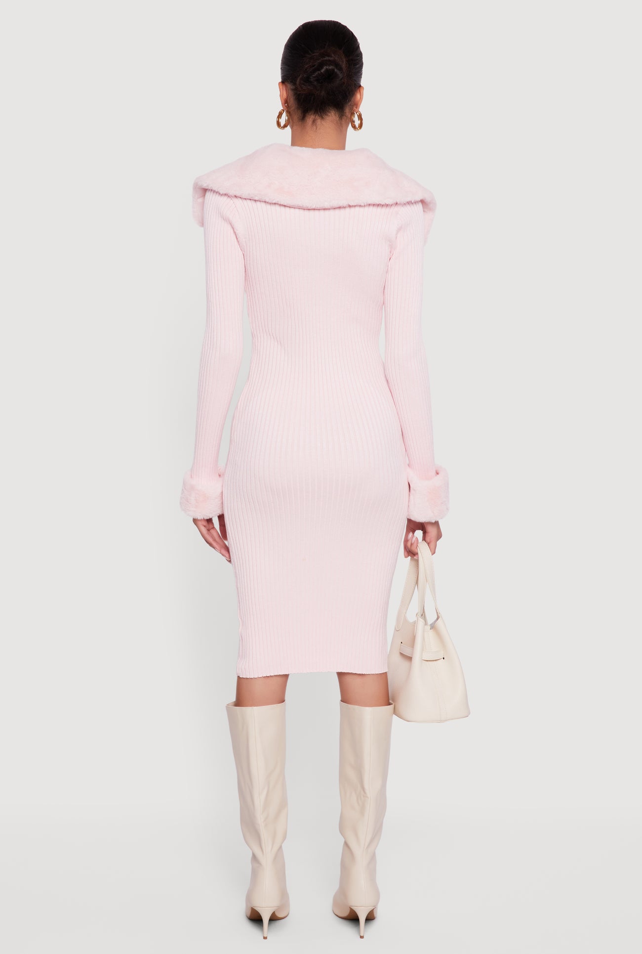 Midi Sweater Dress with Removable Faux Fur Collar and Cuffs Midi Sweater Dress with Removable Faux Fur Collar and Cuffs