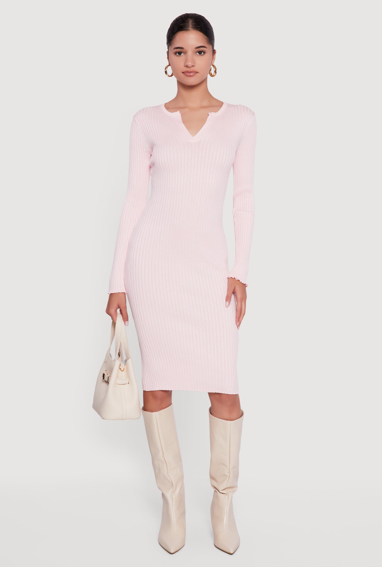 Midi Sweater Dress with Removable Faux Fur Collar and Cuffs - PINK / S Midi Sweater Dress with Removable Faux Fur Collar and Cuffs - PINK / S