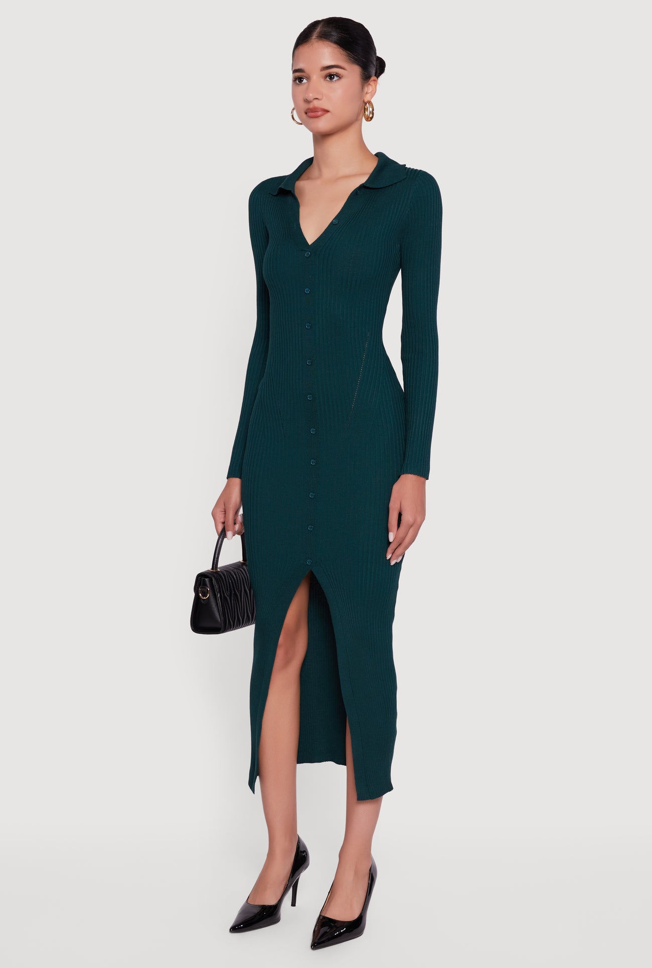 Womens Rib Knit Button Detail Long Sleeve Slit Front Dress, Hunter, Size L - Rainbow Shops Womens Rib Knit Button Detail Long Sleeve Slit Front Dress, Hunter, Size L - Rainbow Shops