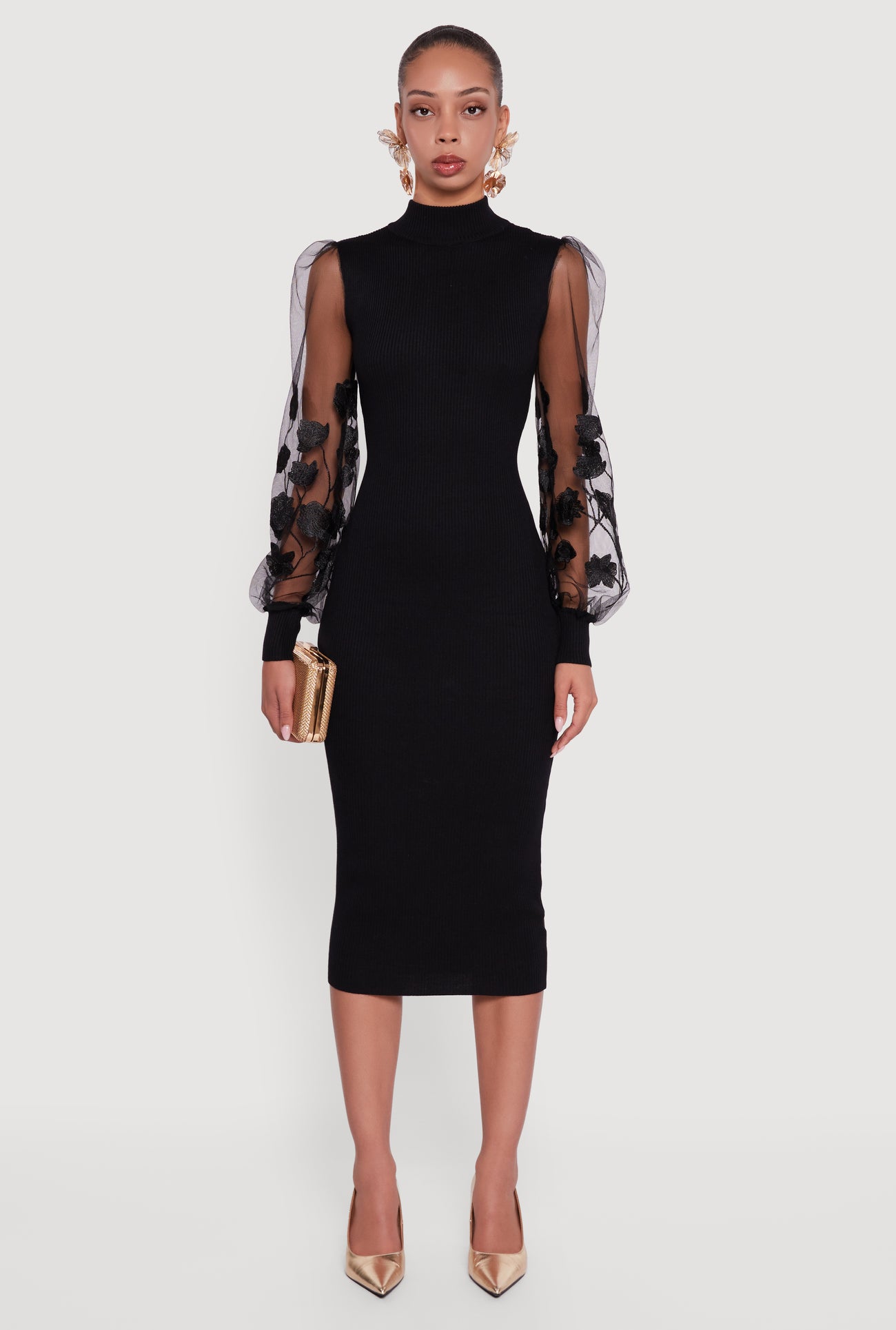 Embroidered Mesh Sleeve Midi Sweater Dress