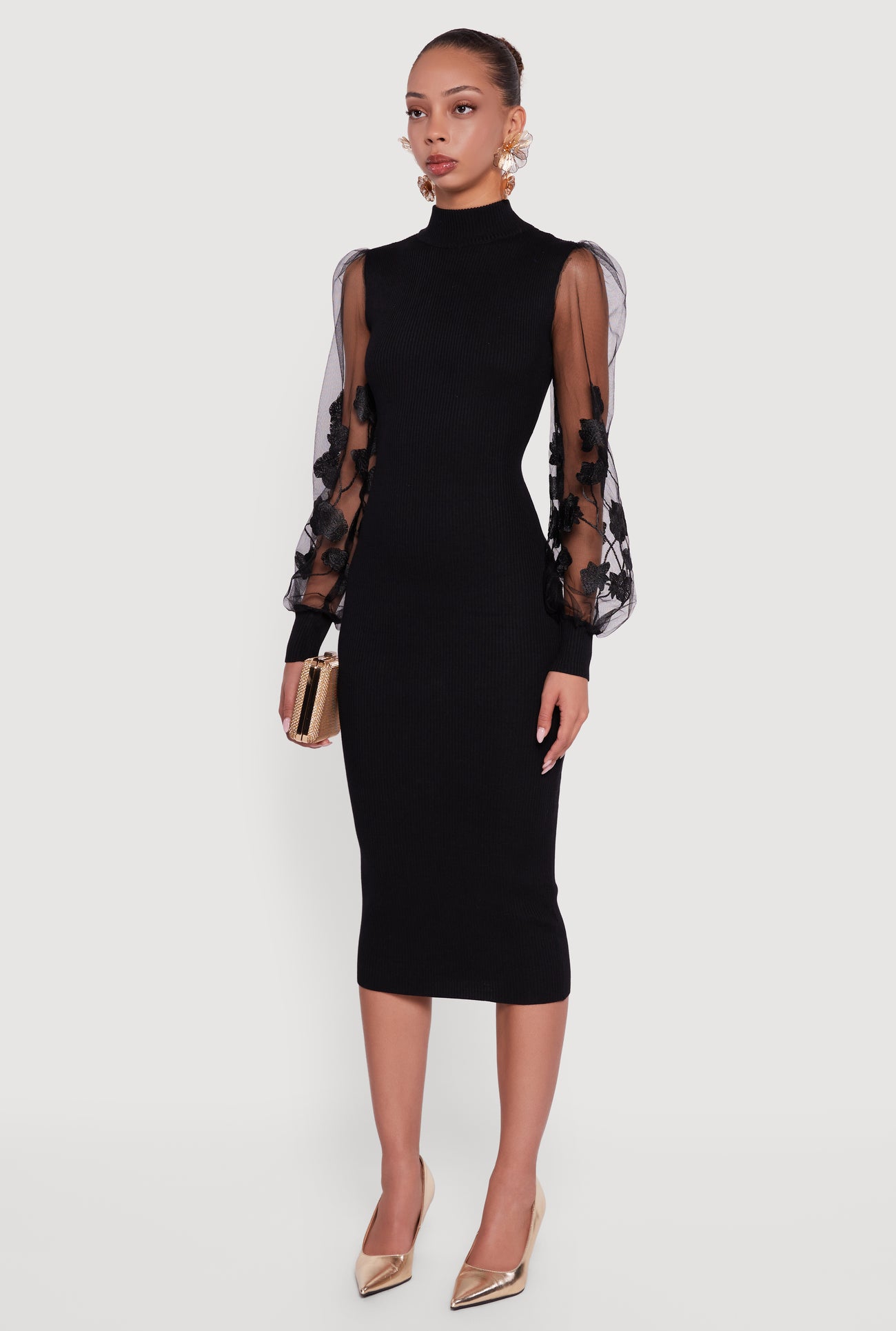 Embroidered Mesh Sleeve Midi Sweater Dress