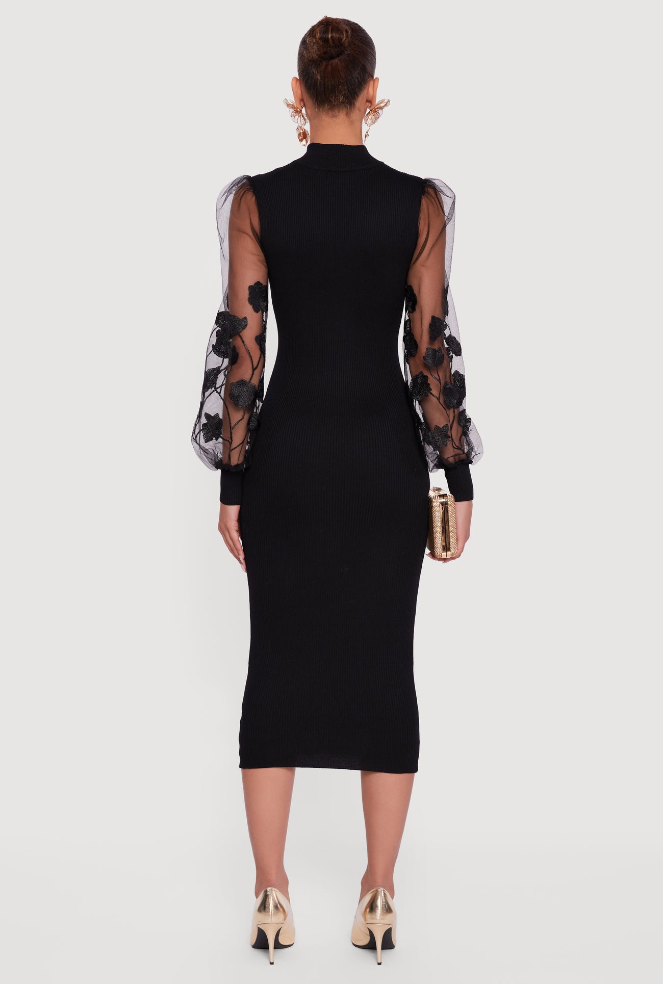 Embroidered Mesh Sleeve Midi Sweater Dress