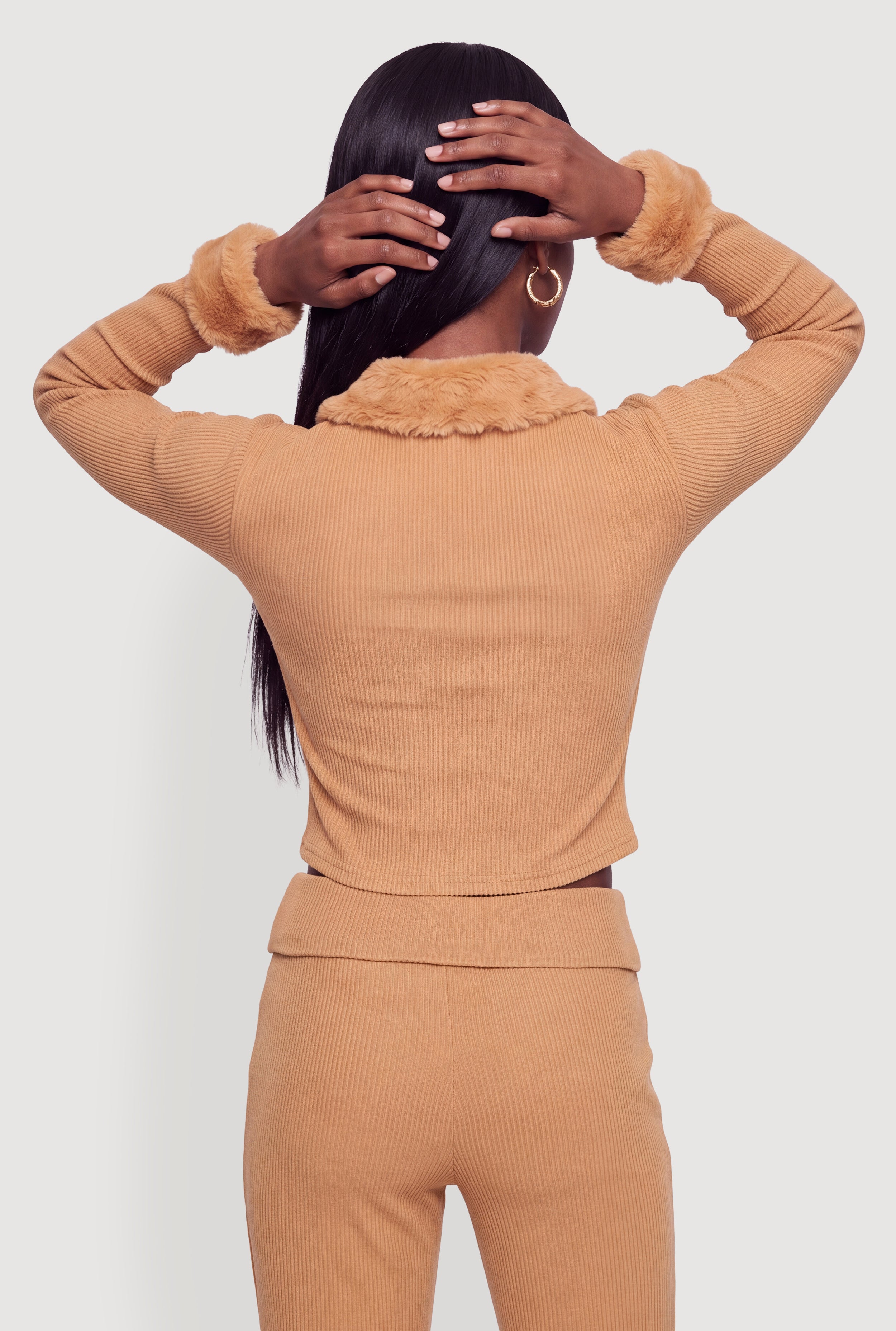Faux Fur Trim Double Zip Front Sweater