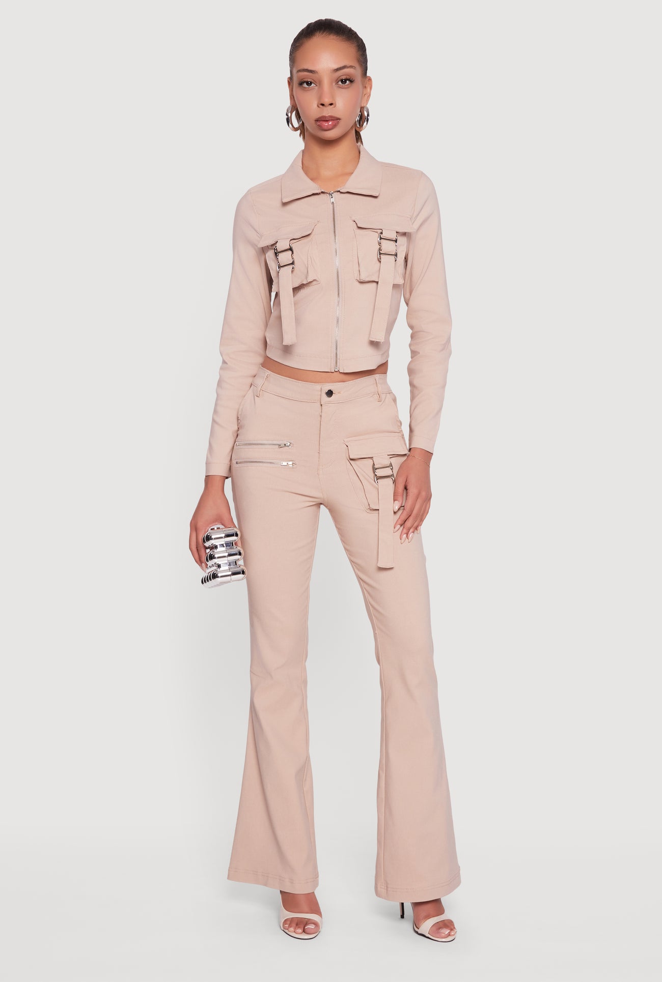 Hyper Stretch Cropped Zip Front Utility Jacket