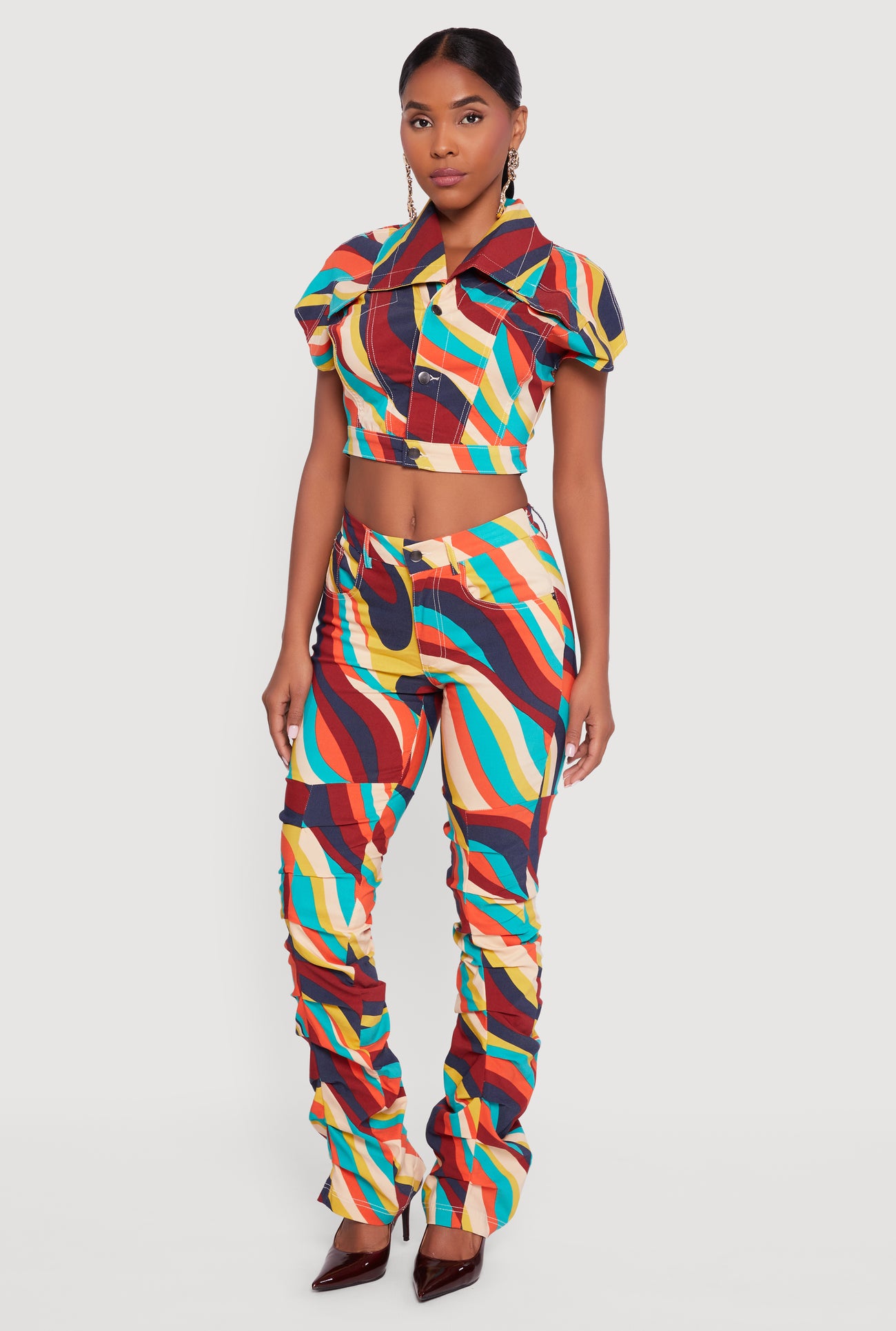 Color Blocked Button Front Cap Sleeve Cropped Jacket