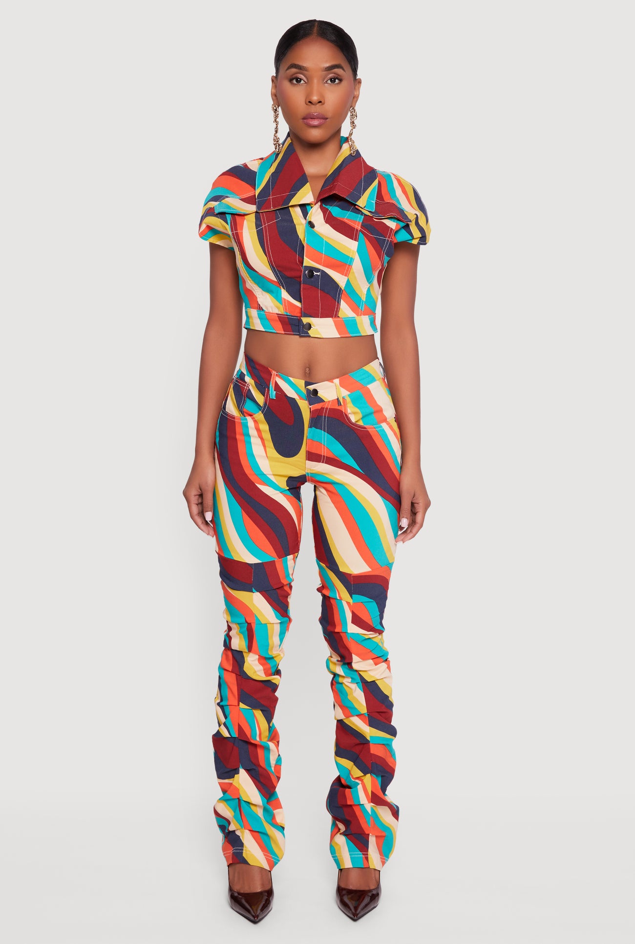 Color Blocked Button Front Cap Sleeve Cropped Jacket