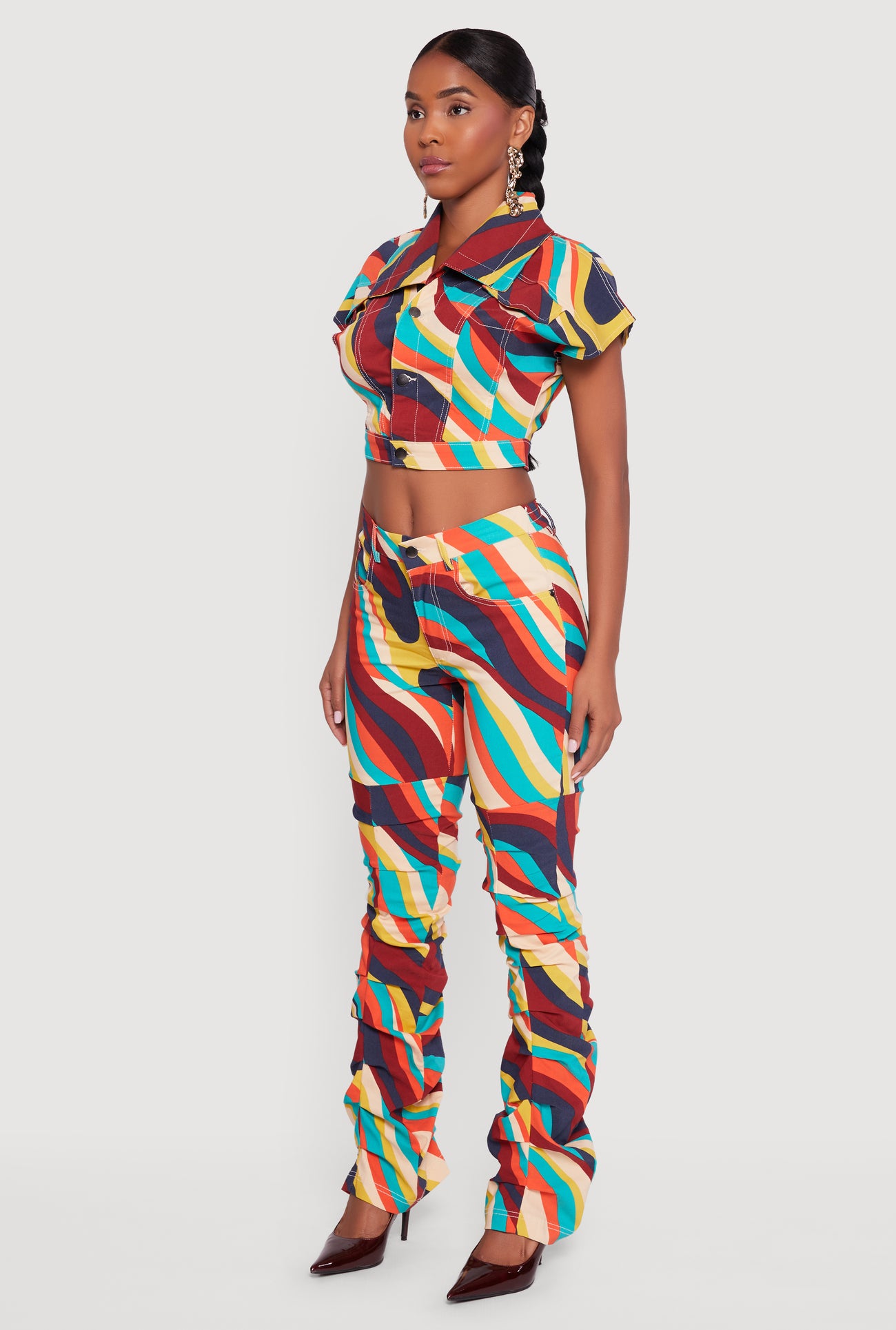 Color Blocked Button Front Cap Sleeve Cropped Jacket