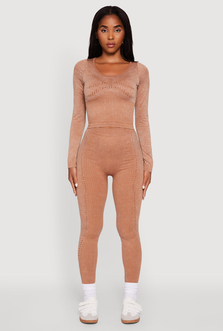 High Waisted Acid Wash Ribbed Knit Seamless Leggings