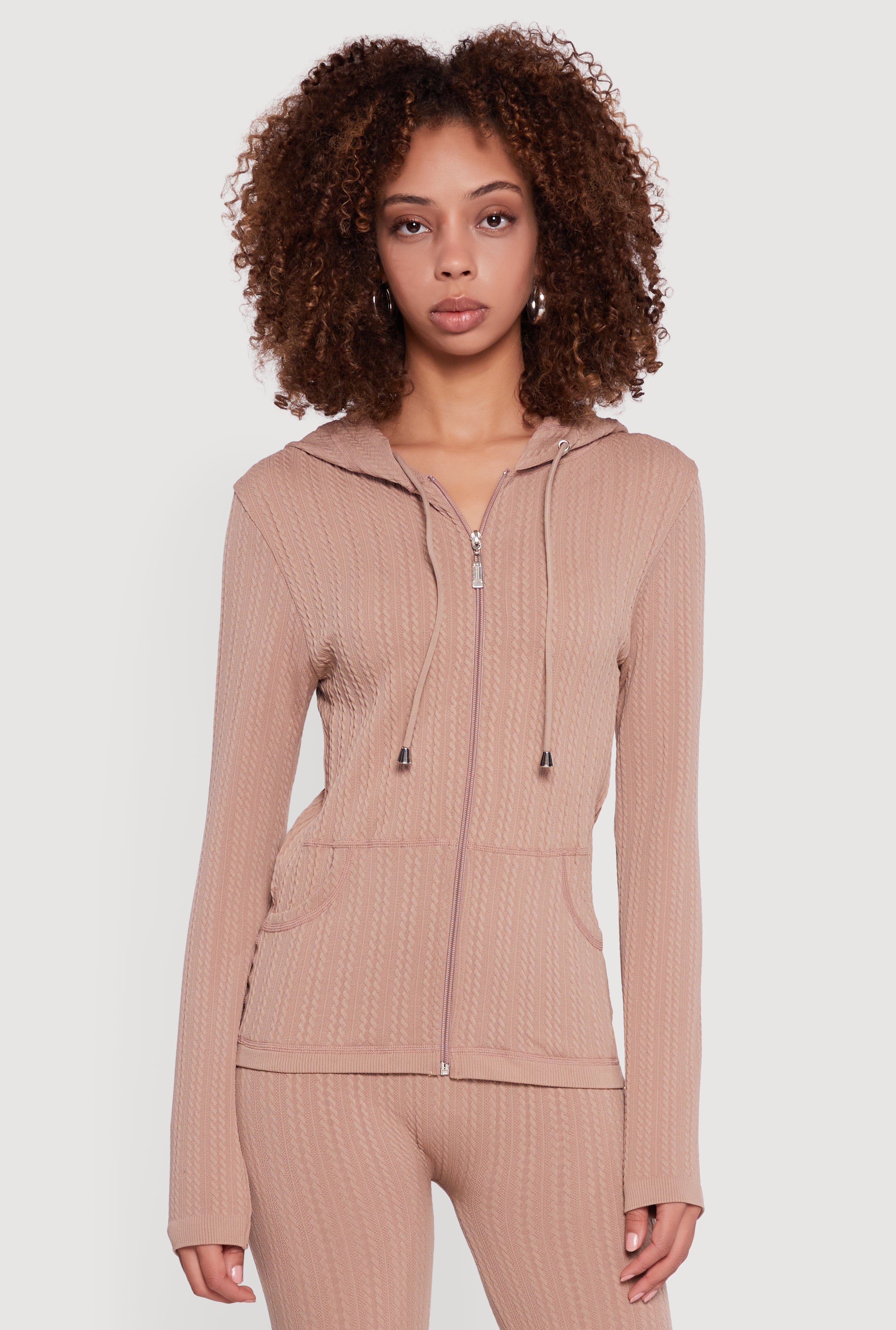 Textured Knit Zip Front Hoodie