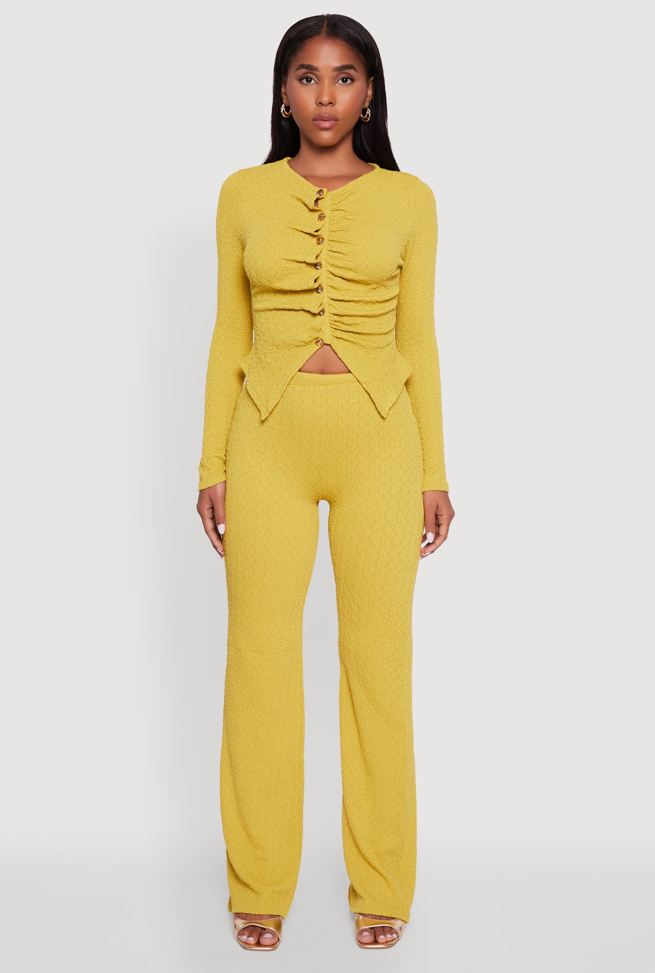 Textured Knit Metallic Button Front Ruched Crop Top
