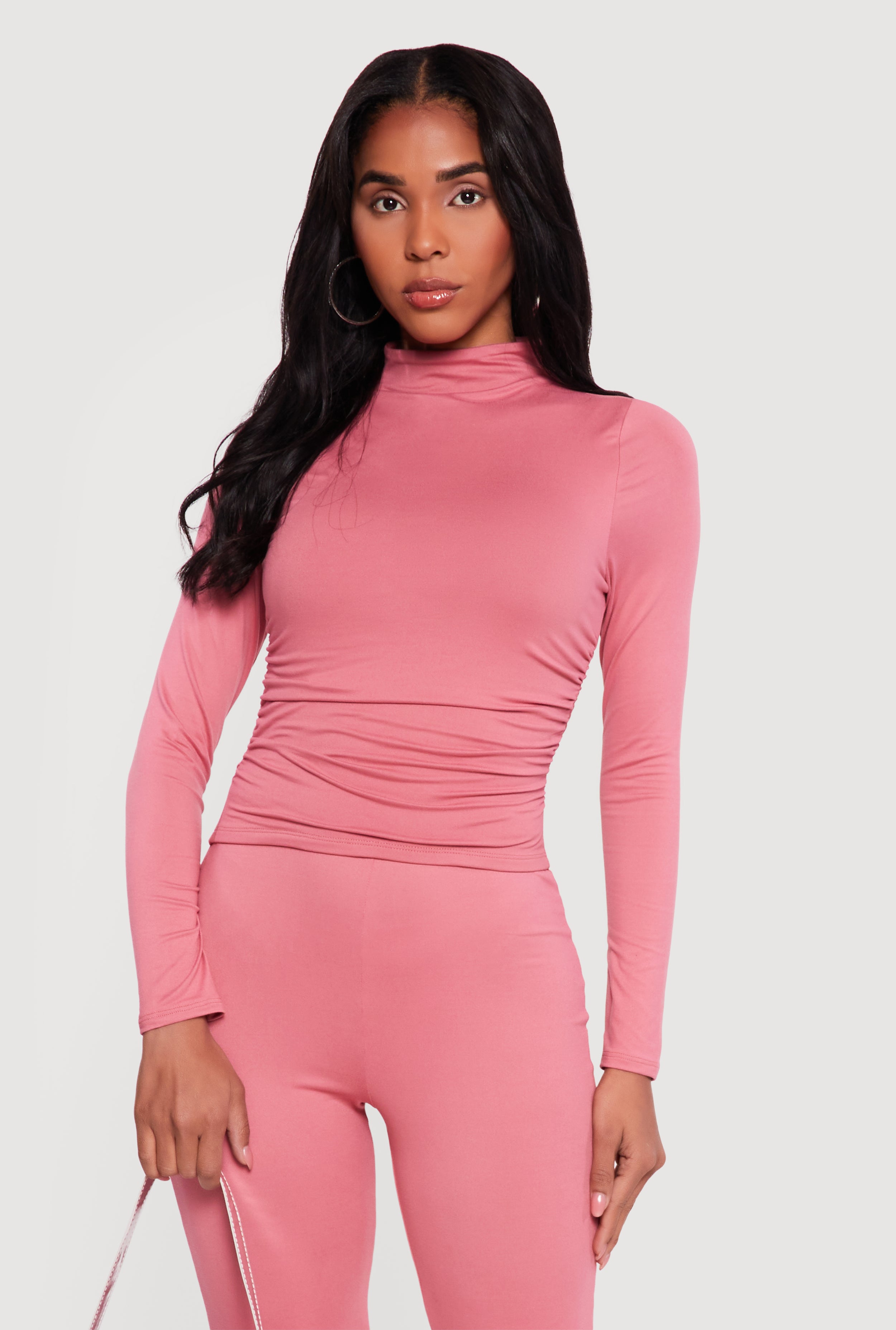 mukcyen PT LONG-SLEEVE TOPS 2025ss シアー Soft Knit Ruched Side Long Sleeve Mock Neck Top