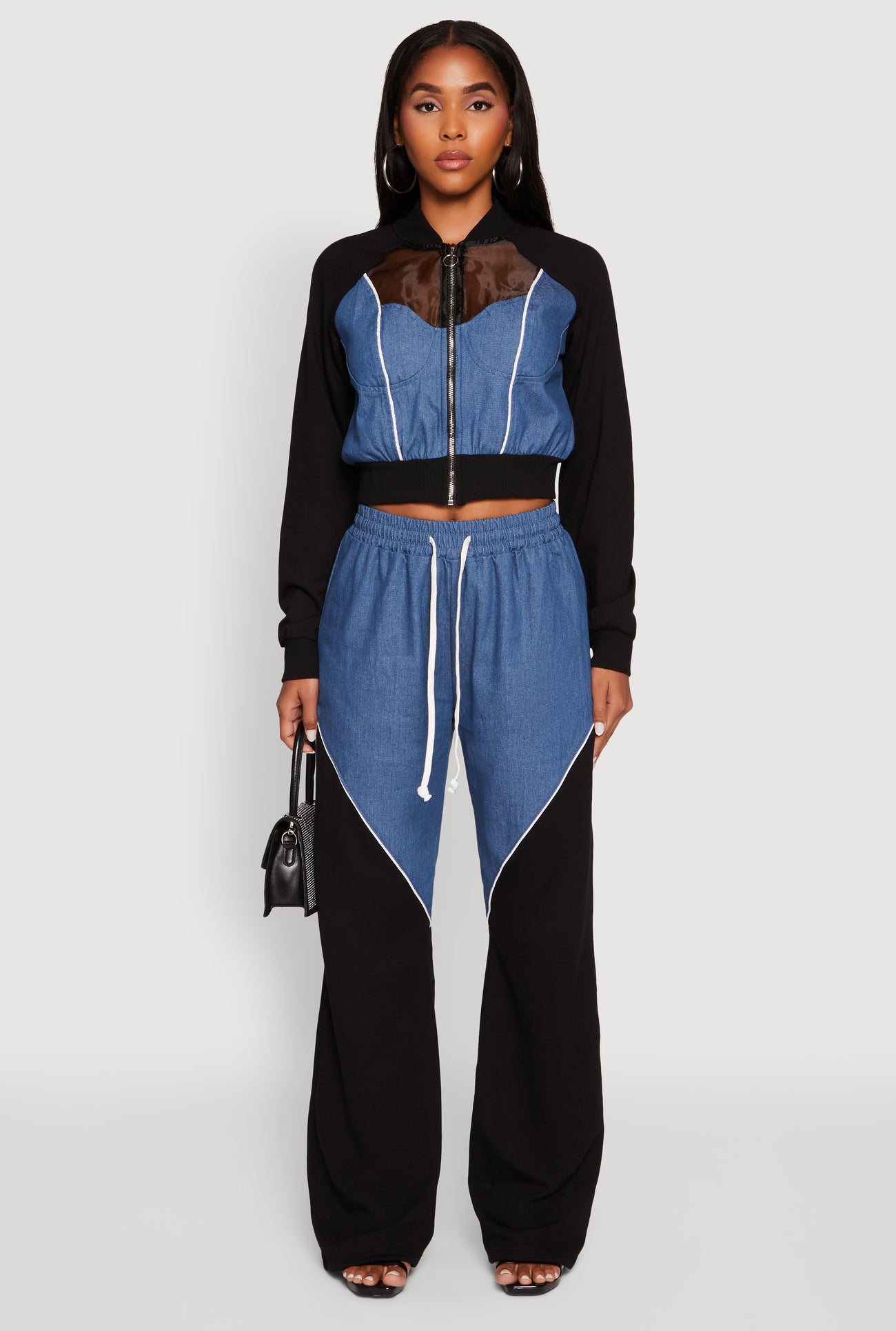 Denim Color Block Drawstring Waist Wide Leg Pants