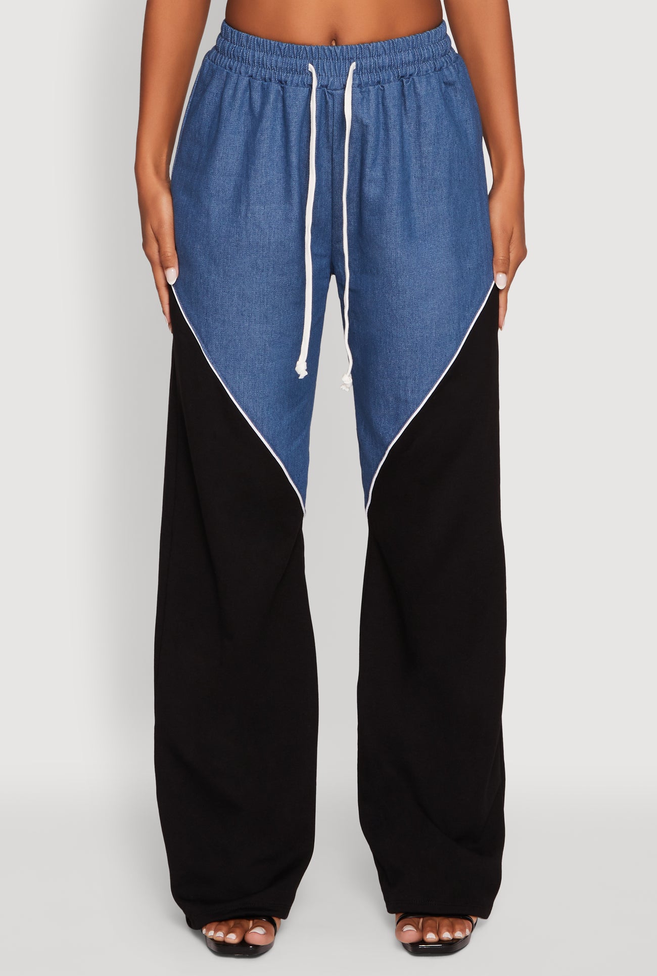 Denim Color Block Drawstring Waist Wide Leg Pants