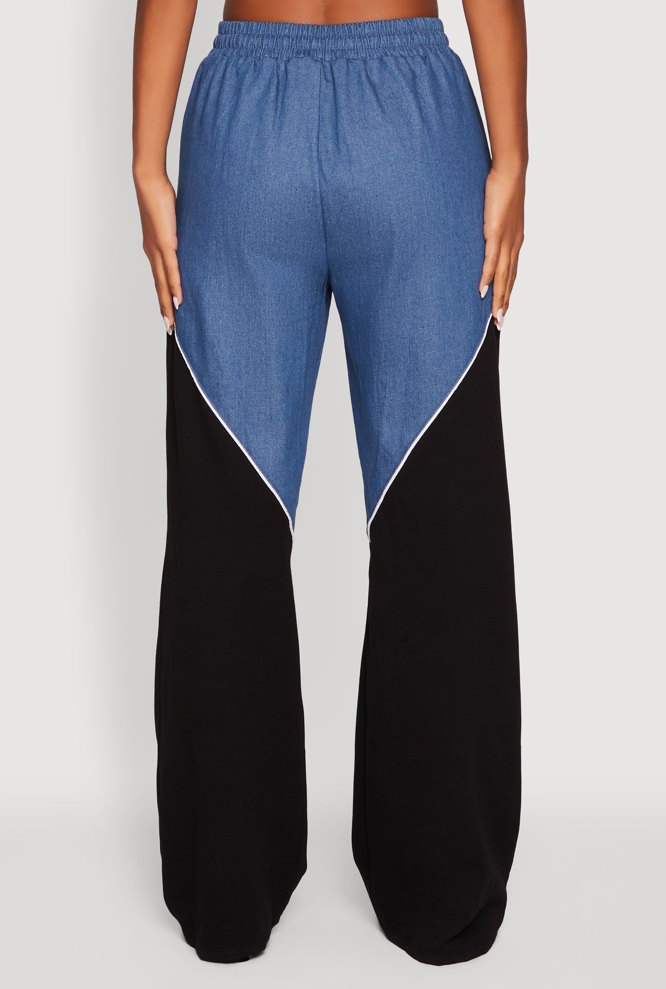 Denim Color Block Drawstring Waist Wide Leg Pants