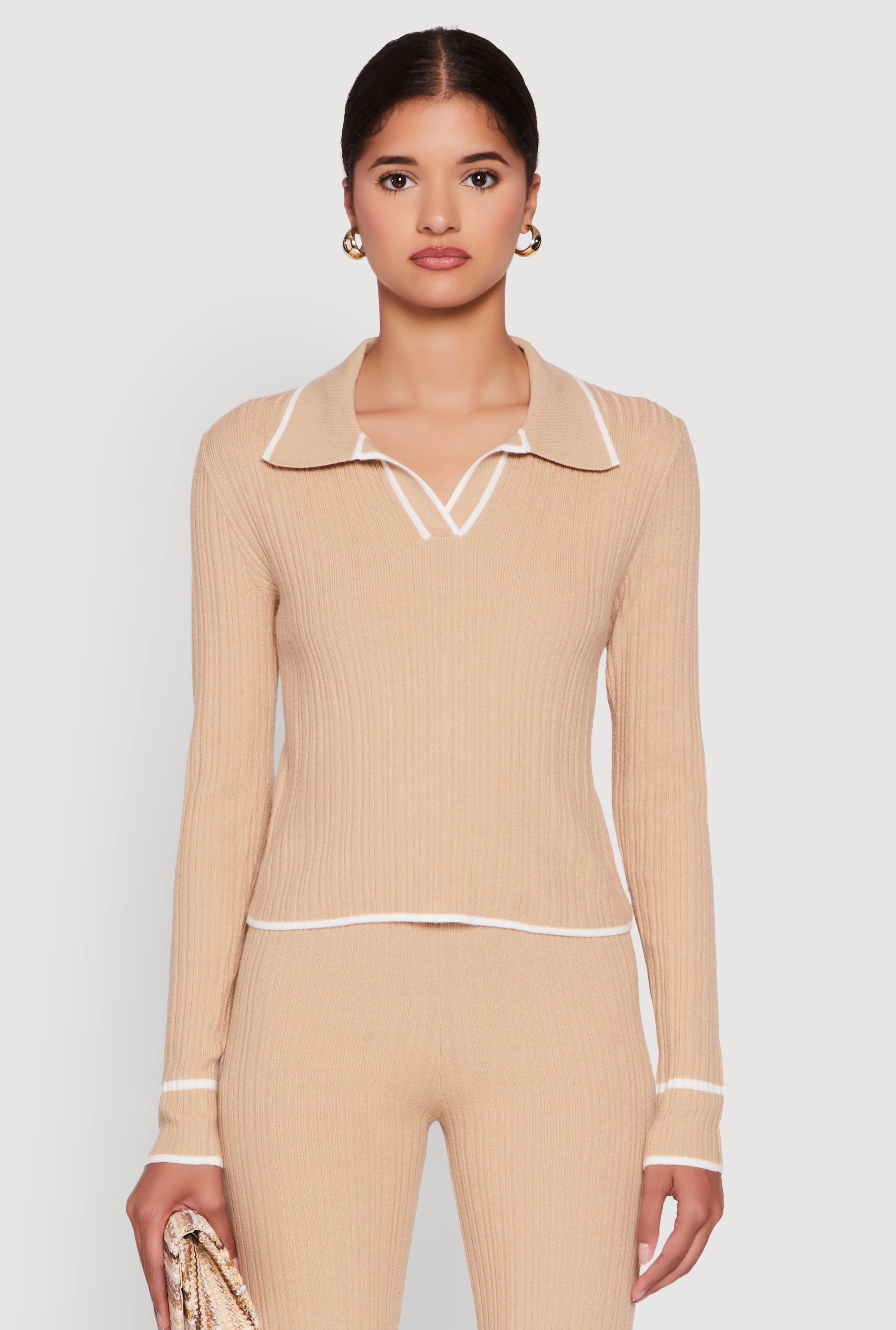 Rib Knit Contrast Trim Long Sleeve Polo Sweater