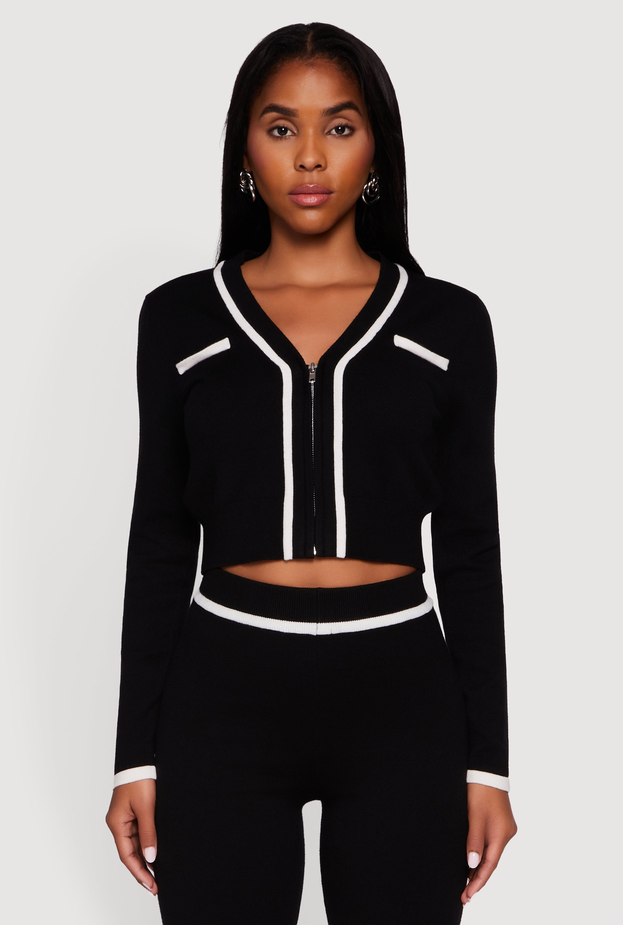 Contrast Trim V Neck Zip Front Cropped Sweater