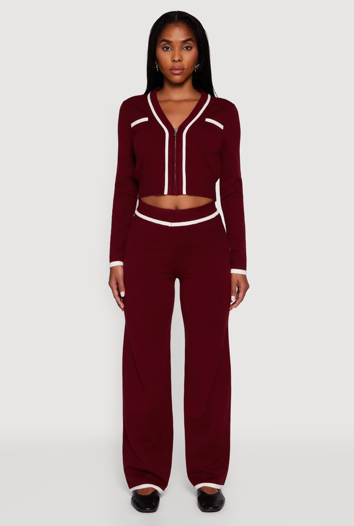 Contrast Trim High Waisted Wide Leg Casual Pants