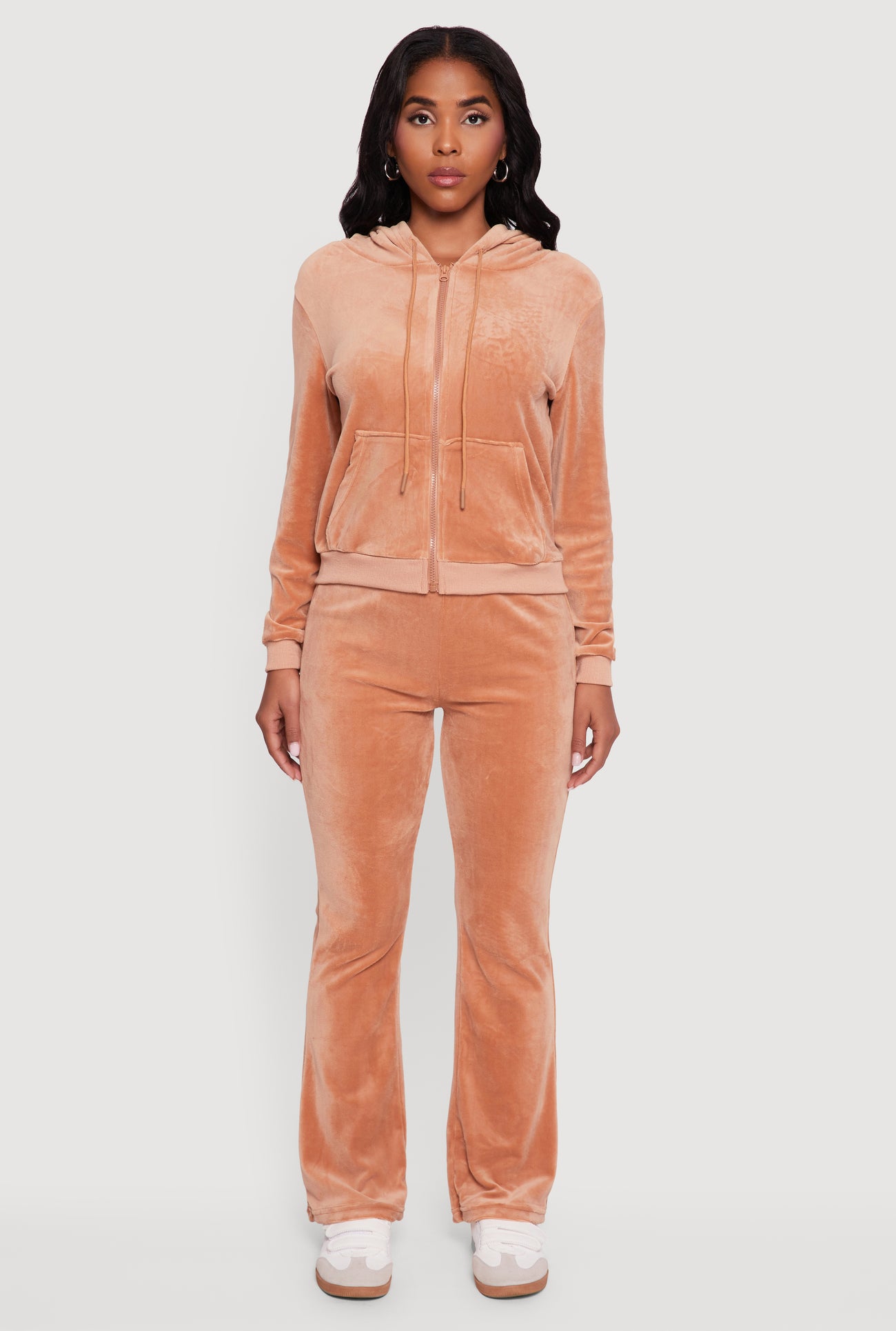 Velour Zip Front Drawstring Hoodie