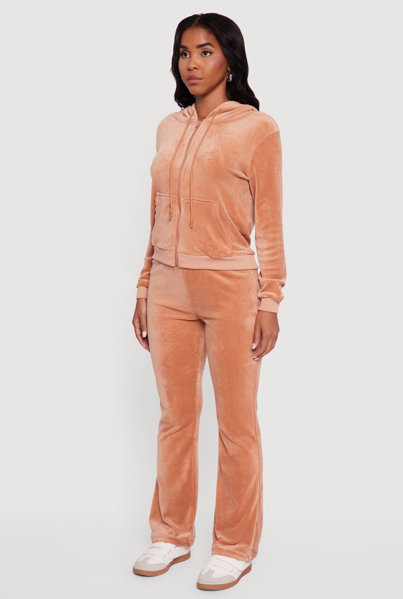 Velour Zip Front Drawstring Hoodie