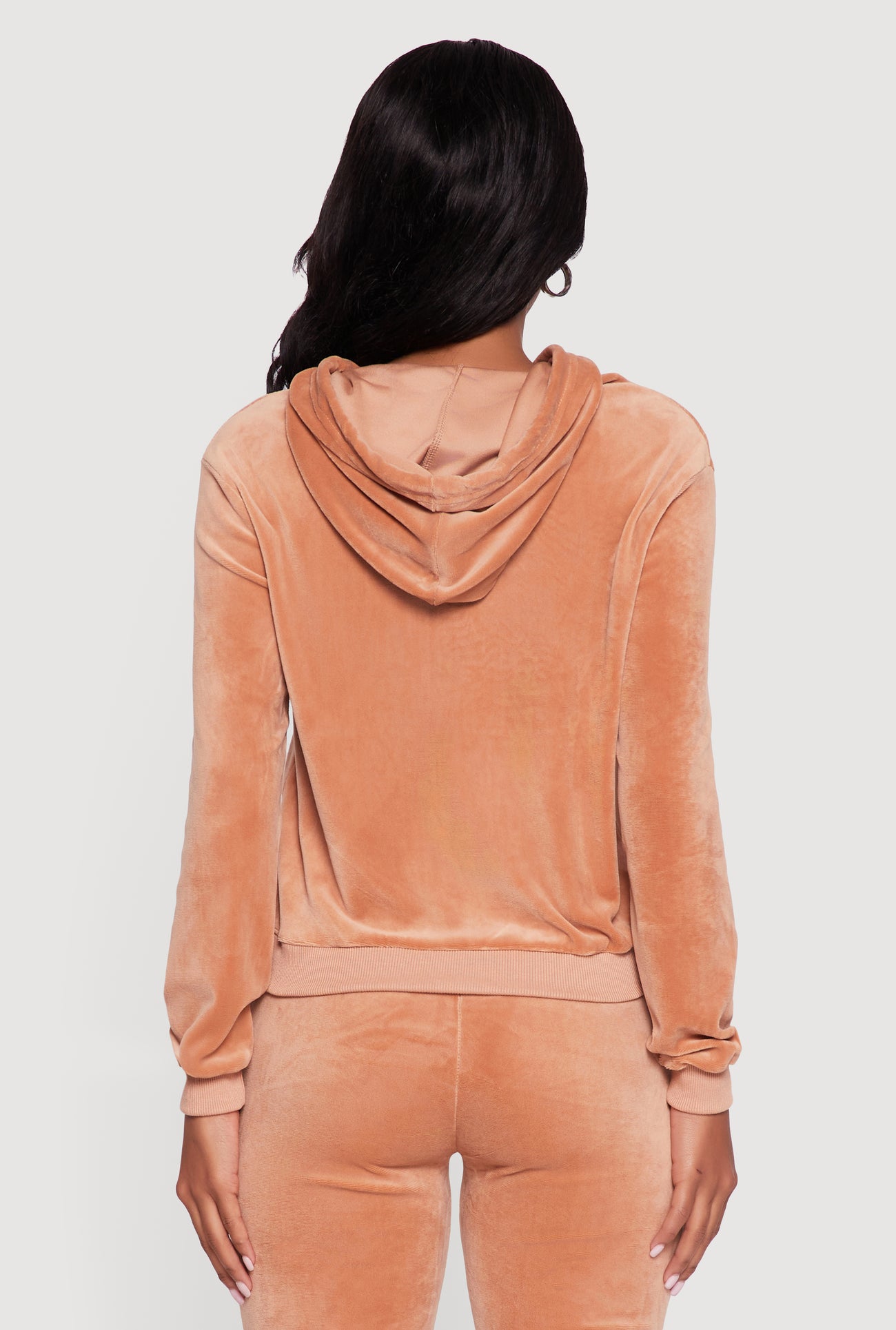 Velour Zip Front Drawstring Hoodie