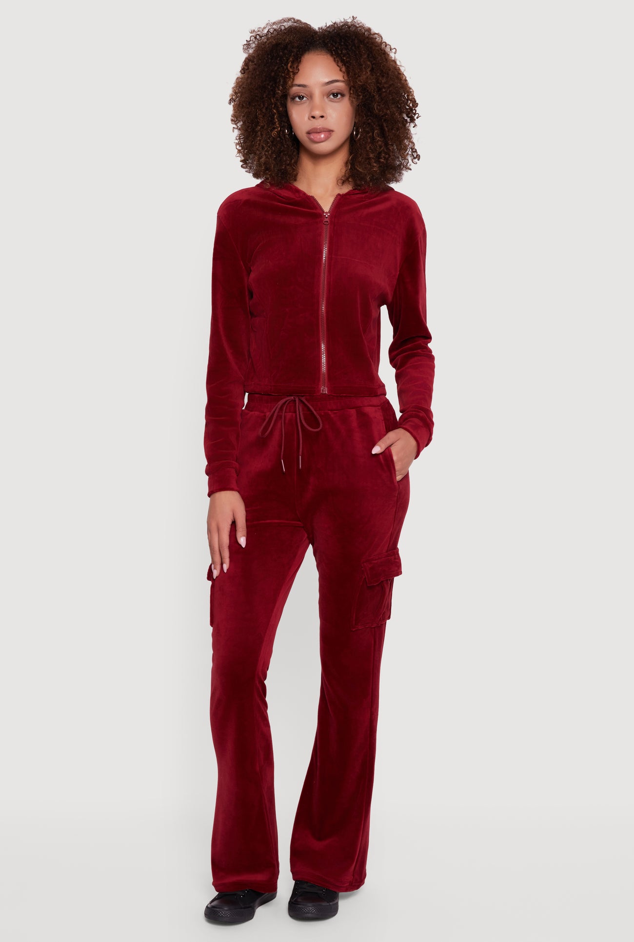 Velour Cropped Zip Front Hooded Track Jacket