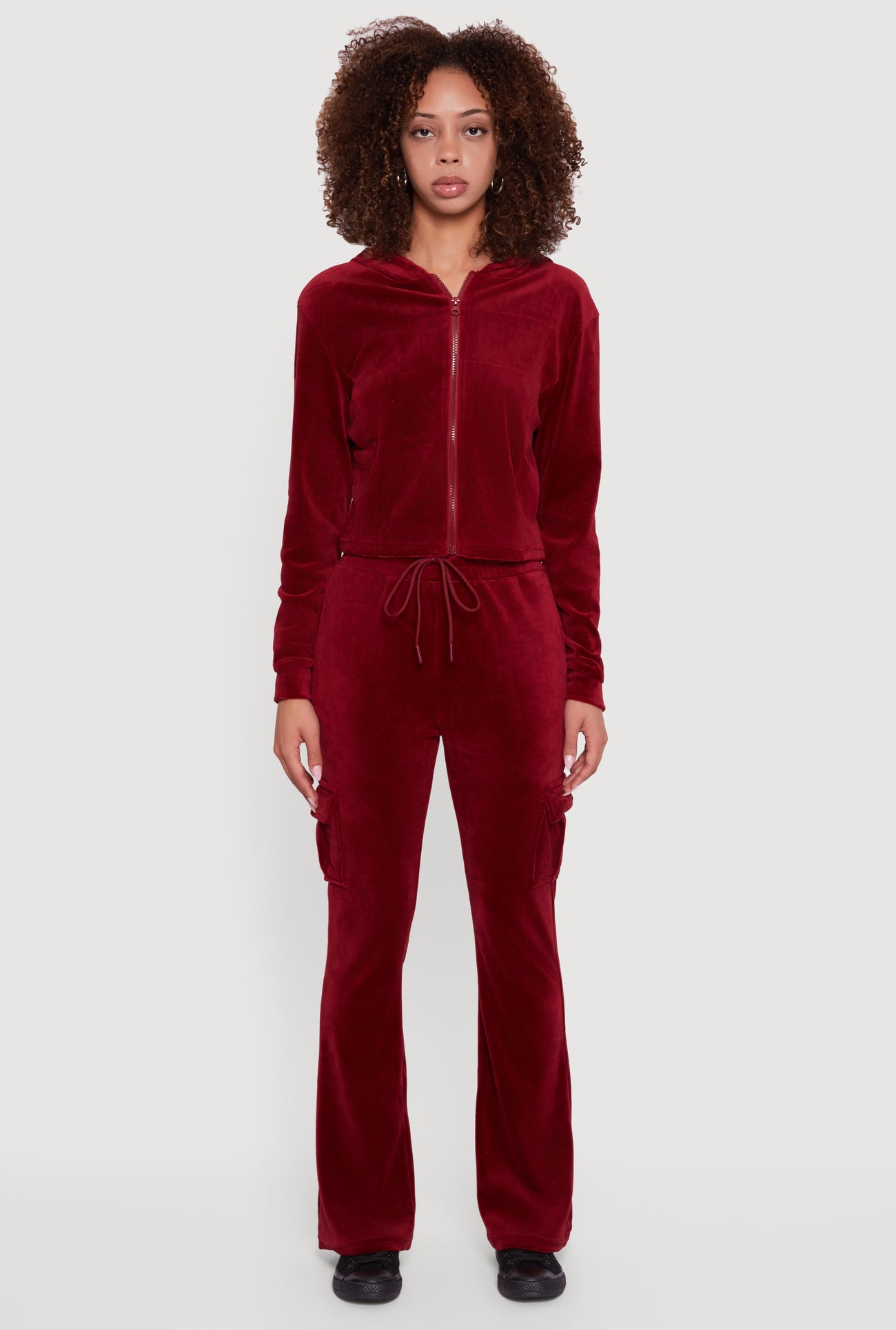 Velour Cropped Zip Front Hooded Track Jacket