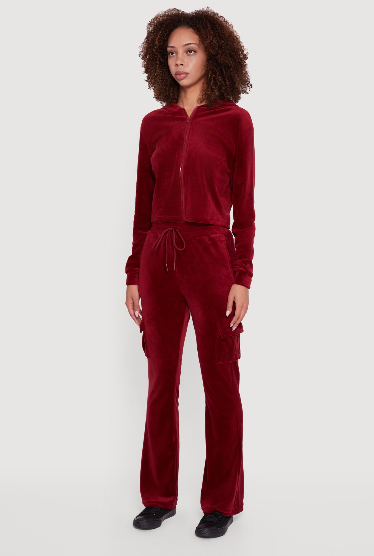 Velour Cropped Zip Front Hooded Track Jacket