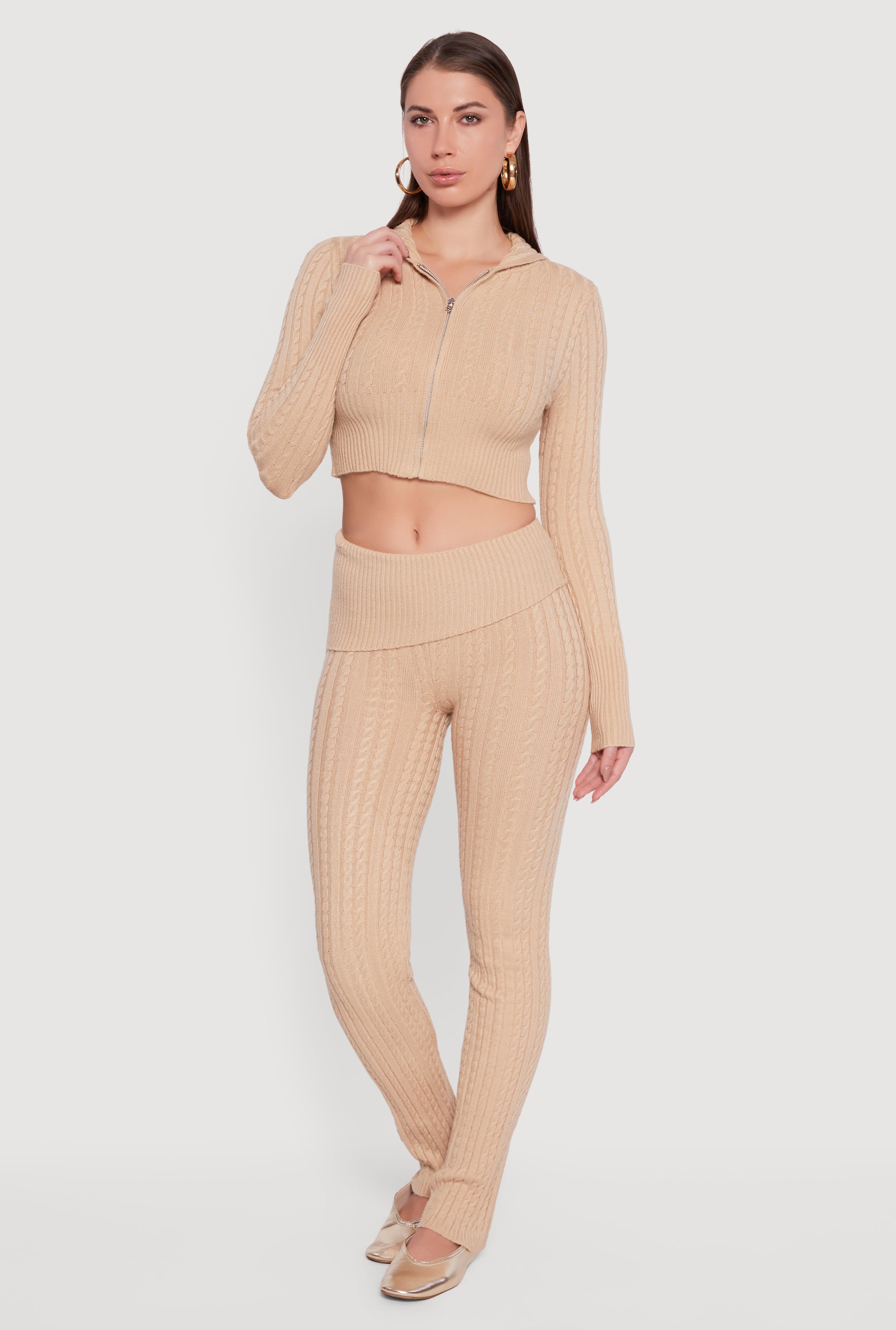 Cable Knit Cropped Zip Front Hoodie
